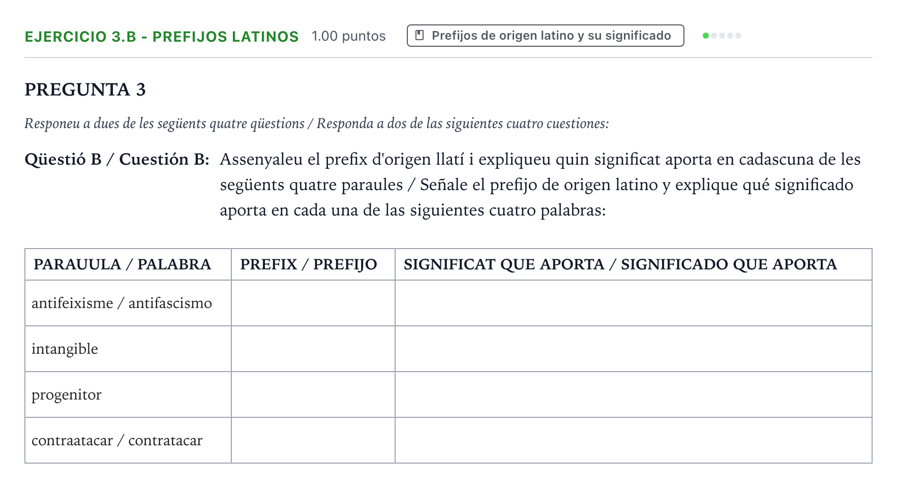 Enunciado: Ejercicio 3.B - Prefijos latinos · Latín II PAU Valencia Extraordinaria 2026