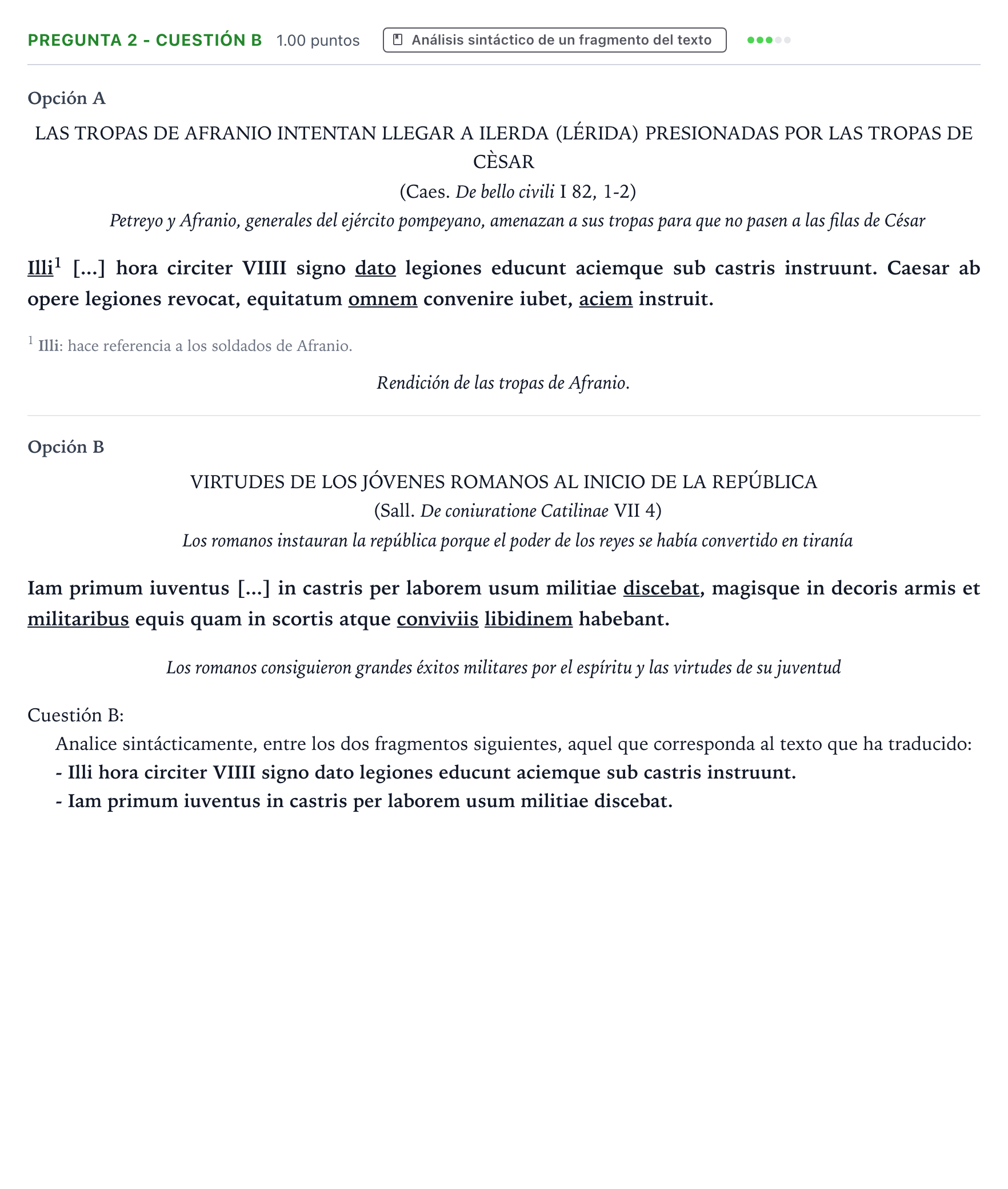 Enunciado: Pregunta 2 - Cuestión B · Latín II PAU Valencia Ordinaria 2026