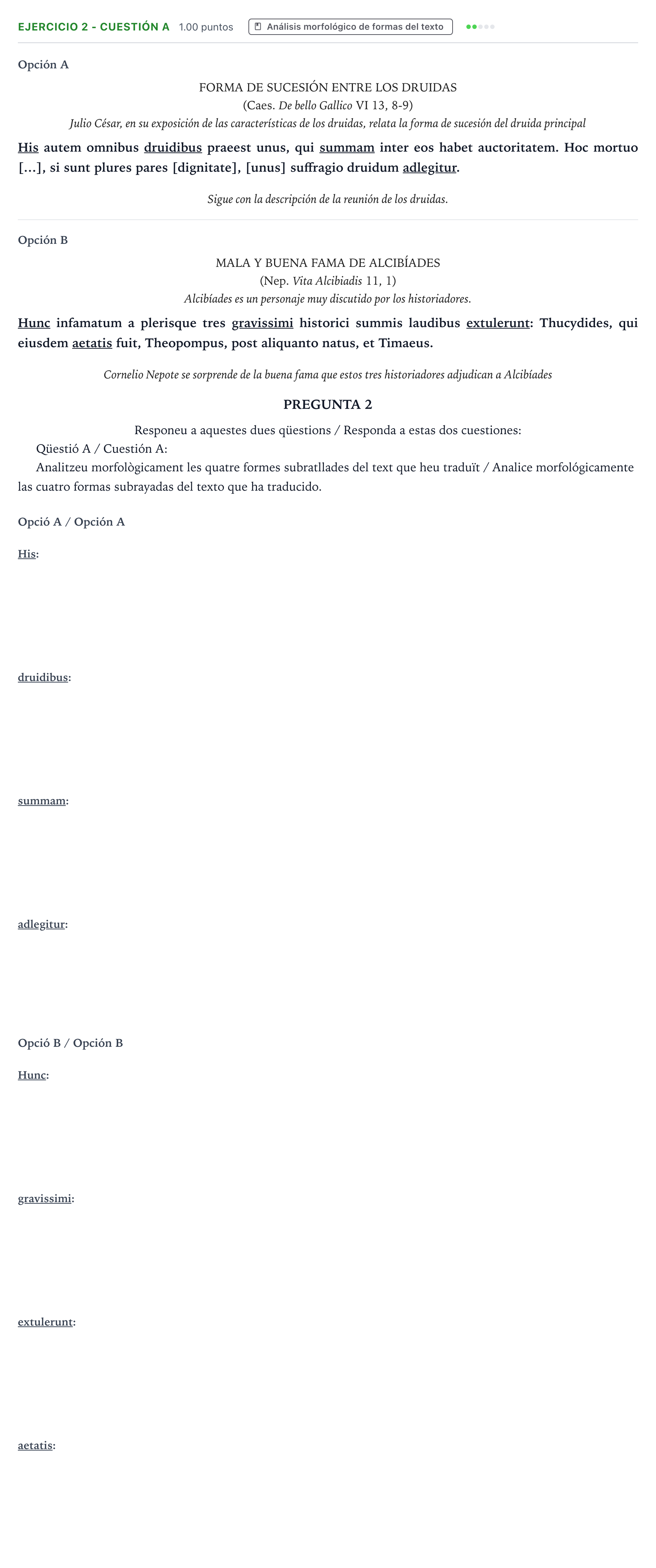 Enunciado: Ejercicio 2 - Cuestión A · Latín II PAU Valencia Ordinaria solapamiento 2026