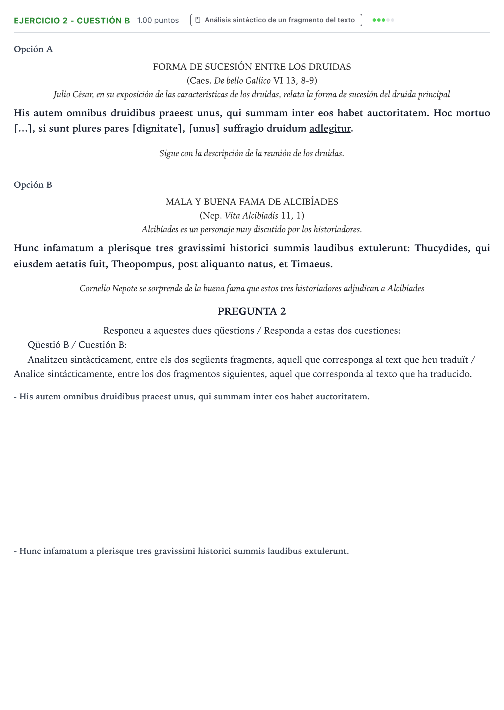 Enunciado: Ejercicio 2 - Cuestión B · Latín II PAU Valencia Ordinaria solapamiento 2026