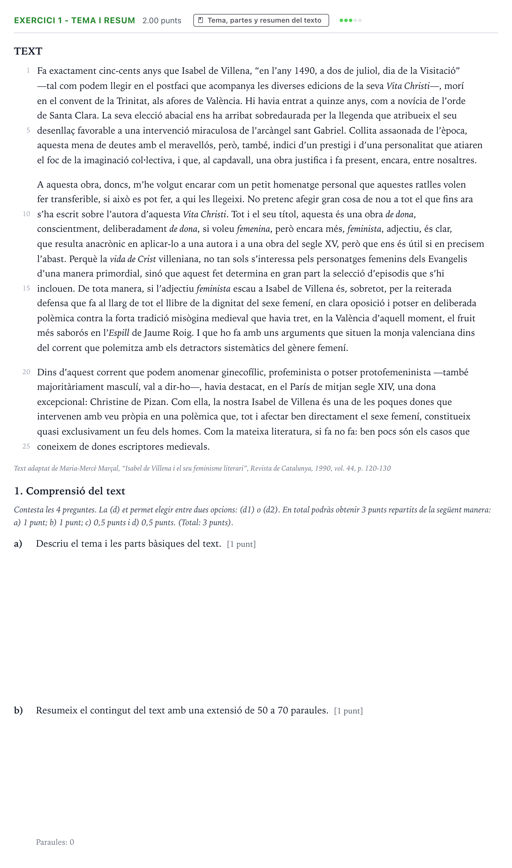 Enunciado: Ejercicio 1 - Tema i resum · Lengua Valenciana y Literatura II PAU Valencia Extraordinaria 2026