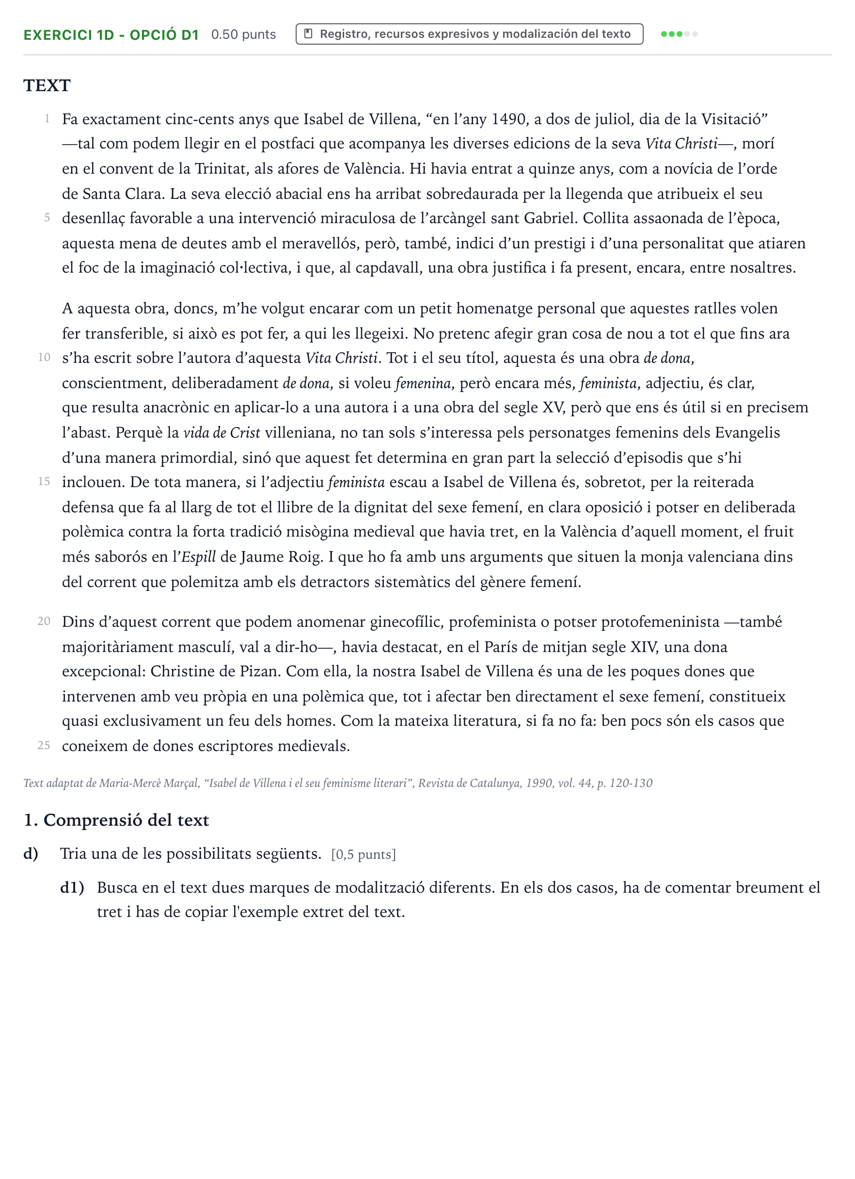 Enunciado: Ejercicio 1d - Opció d1 · Lengua Valenciana y Literatura II PAU Valencia Extraordinaria 2026