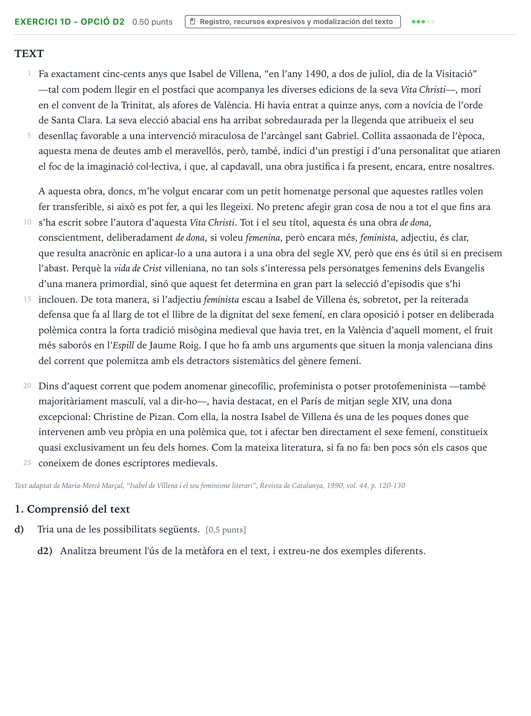 Enunciado: Ejercicio 1d - Opció d2 · Lengua Valenciana y Literatura II PAU Valencia Extraordinaria 2026