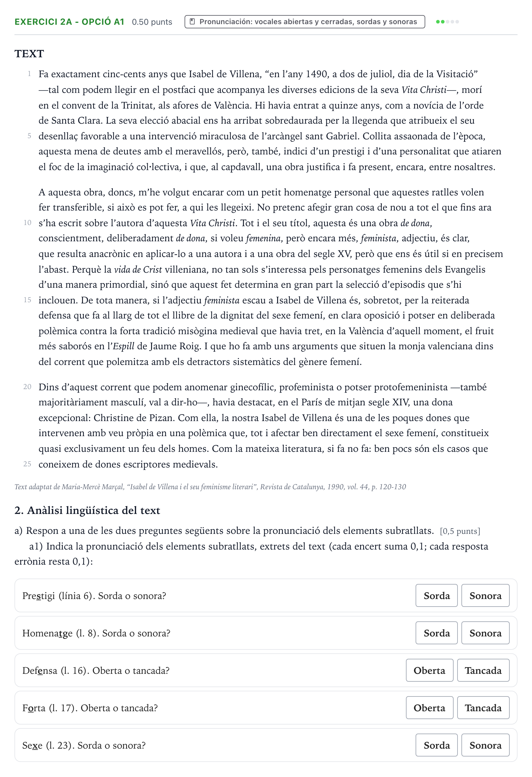 Enunciado: Ejercicio 2a - Opció a1 · Lengua Valenciana y Literatura II PAU Valencia Extraordinaria 2026