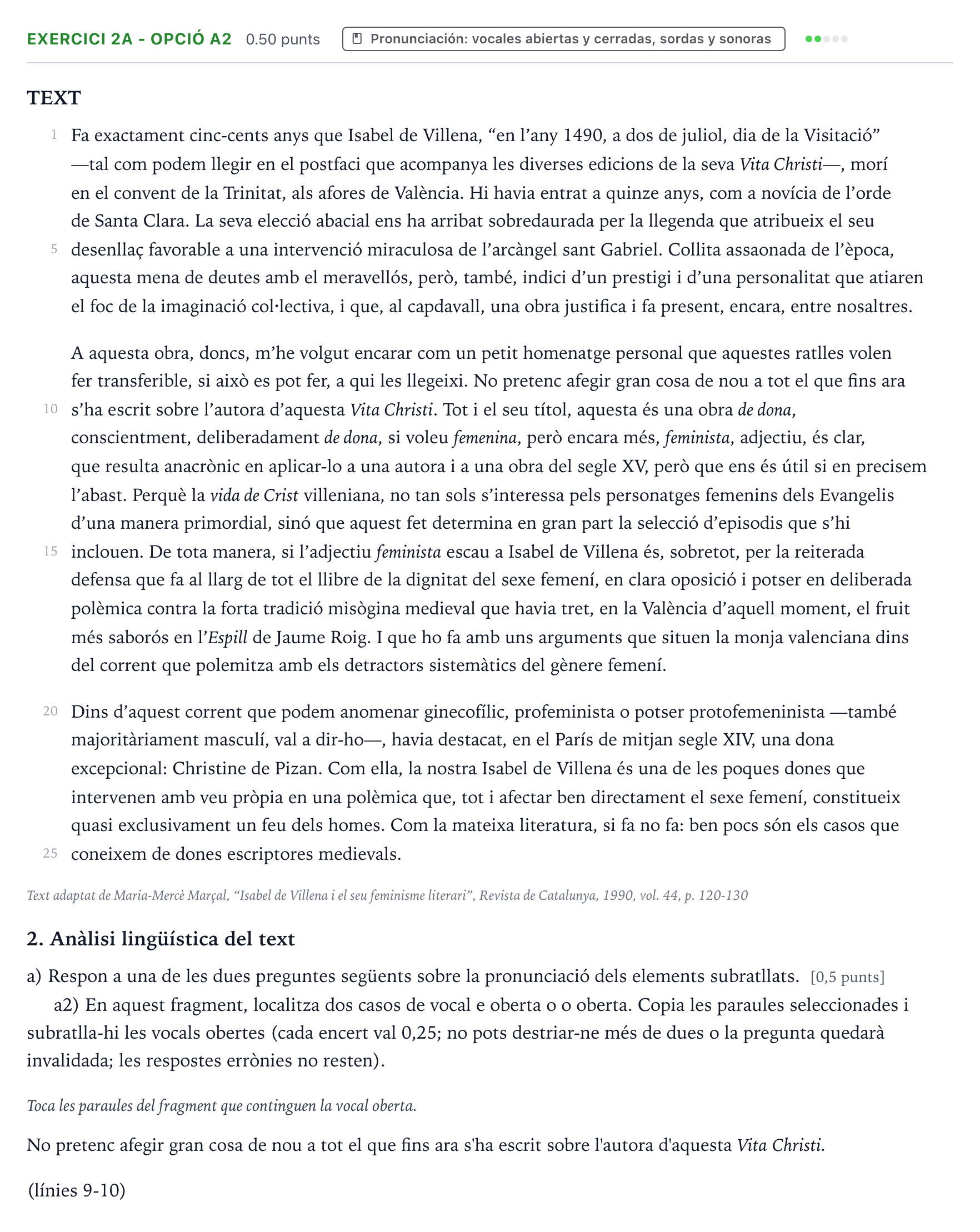 Enunciado: Ejercicio 2a - Opció a2 · Lengua Valenciana y Literatura II PAU Valencia Extraordinaria 2026