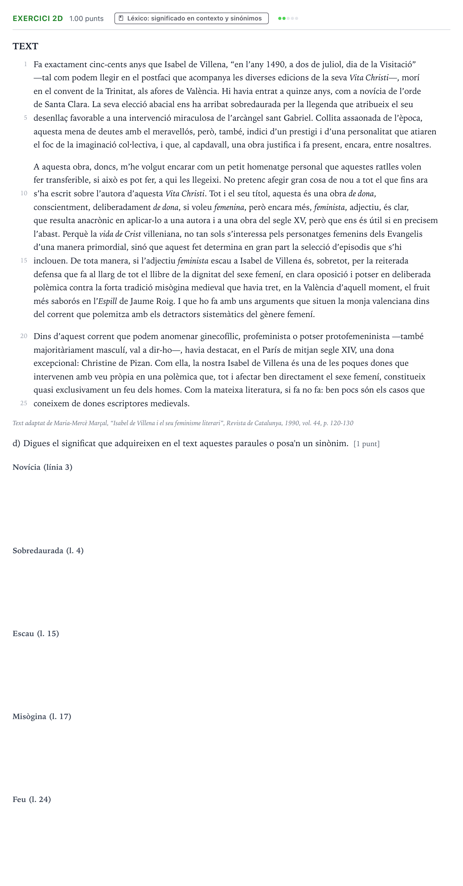 Enunciado: Ejercicio 2d · Lengua Valenciana y Literatura II PAU Valencia Extraordinaria 2026