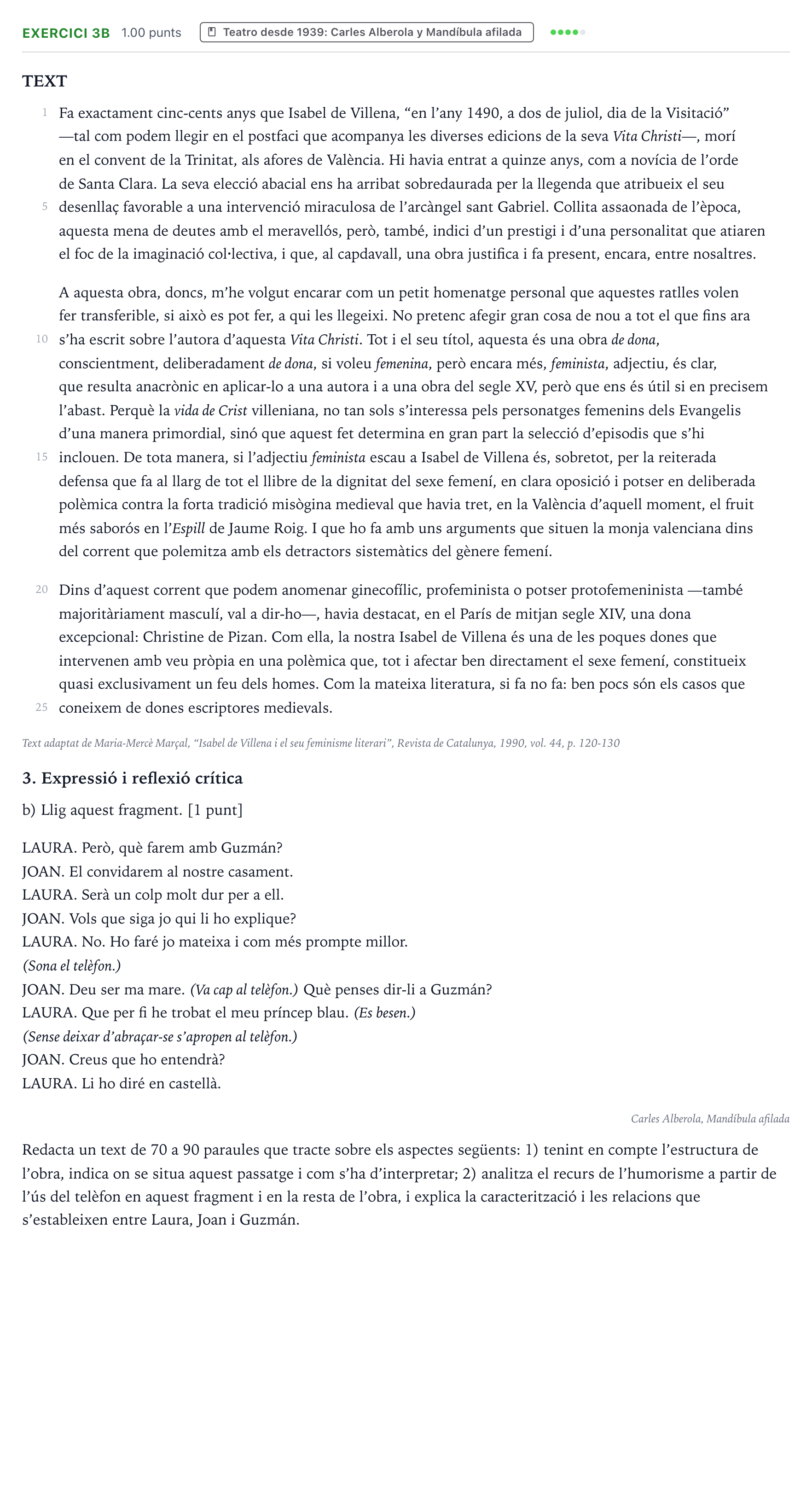 Enunciado: Ejercicio 3b · Lengua Valenciana y Literatura II PAU Valencia Extraordinaria 2026