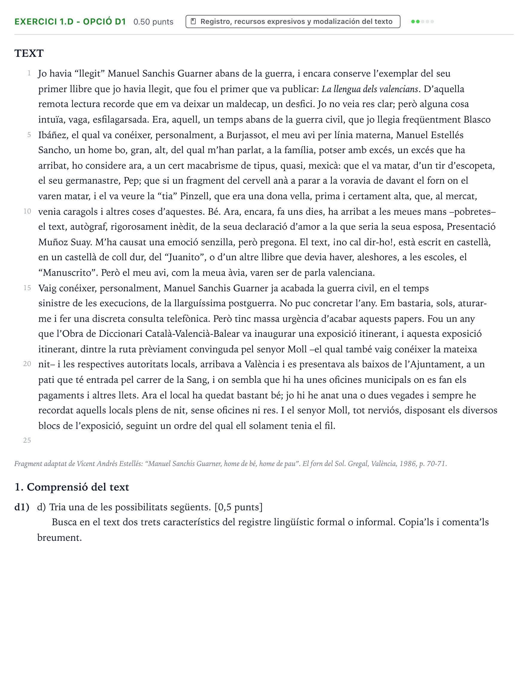 Enunciado: Ejercicio 1.d - Opció d1 · Lengua Valenciana y Literatura II PAU Valencia Ordinaria 2026