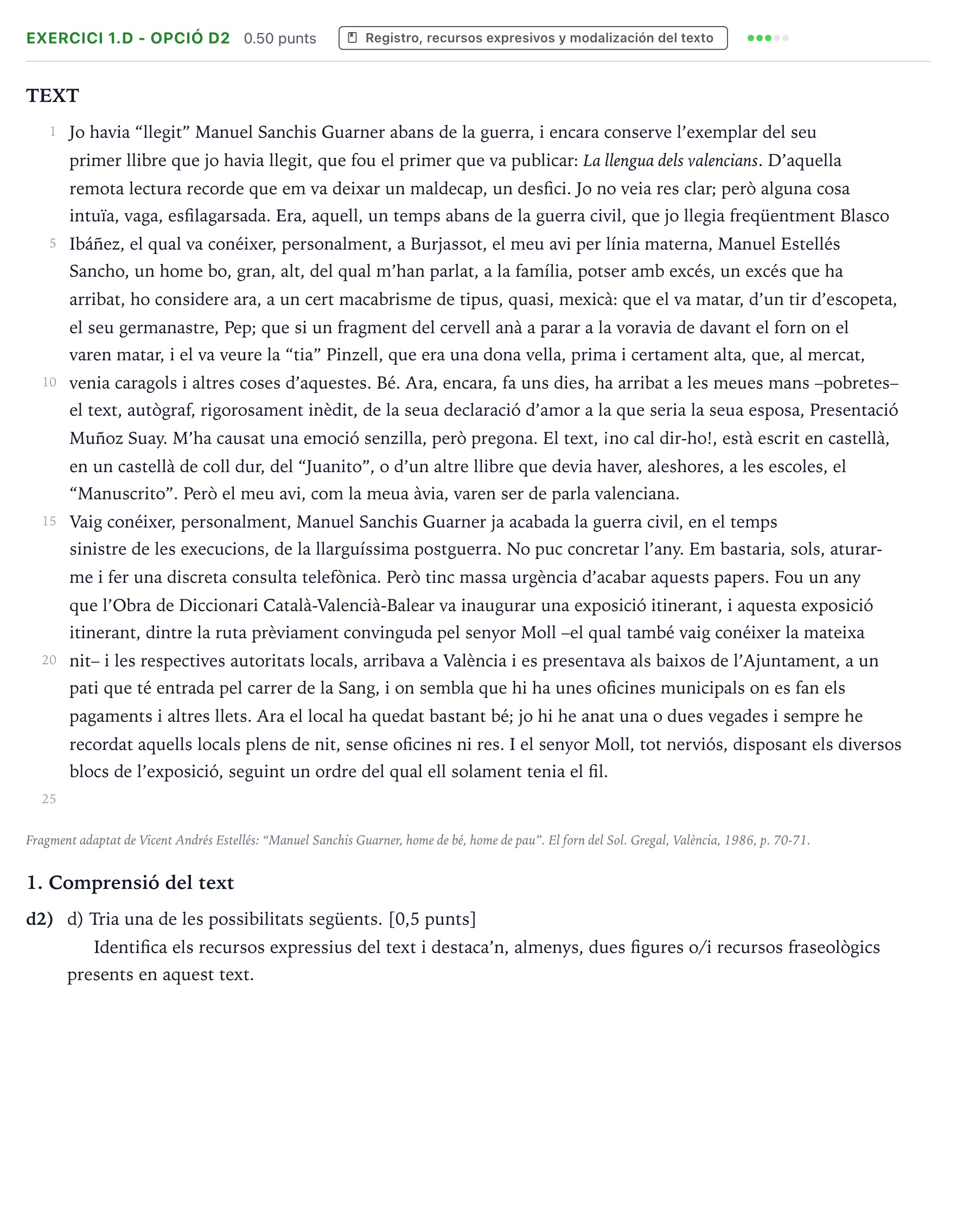 Enunciado: Ejercicio 1.d - Opció d2 · Lengua Valenciana y Literatura II PAU Valencia Ordinaria 2026