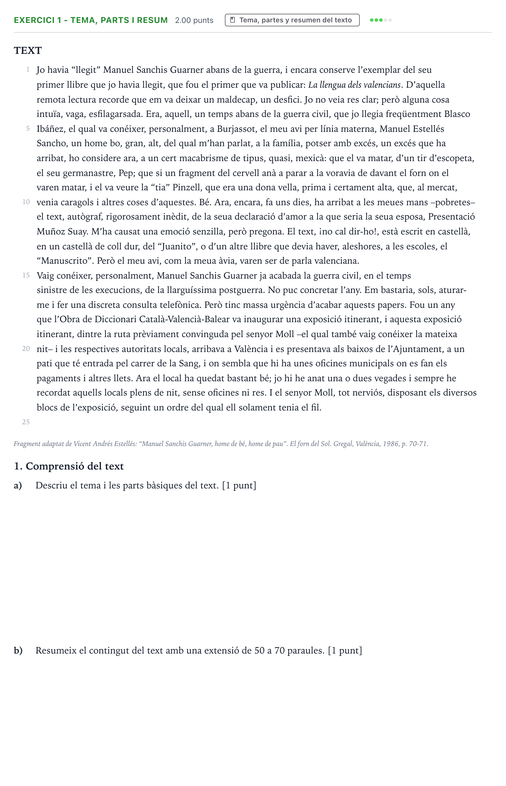 Enunciado: Ejercicio 1 - Tema, parts i resum · Lengua Valenciana y Literatura II PAU Valencia Ordinaria 2026