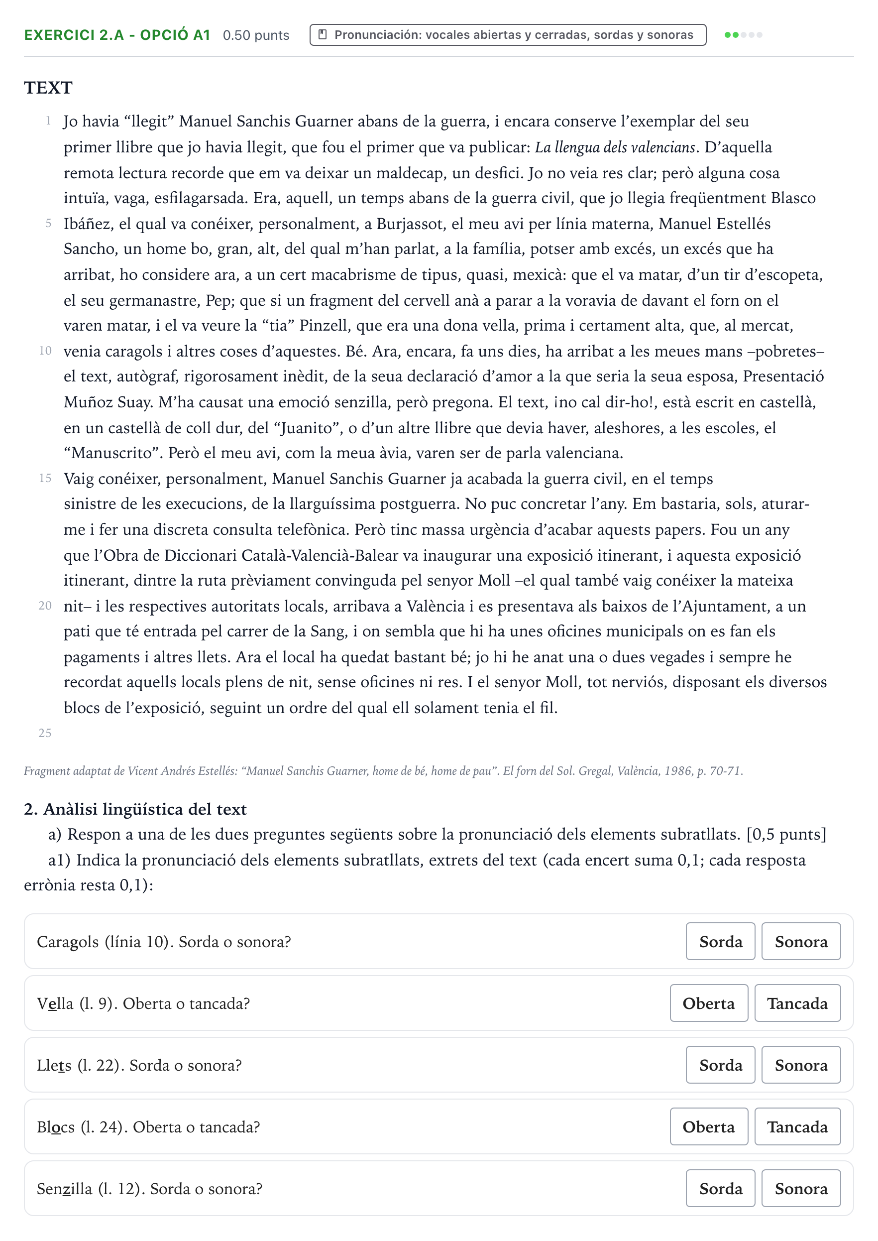 Enunciado: Ejercicio 2.a - Opció a1 · Lengua Valenciana y Literatura II PAU Valencia Ordinaria 2026