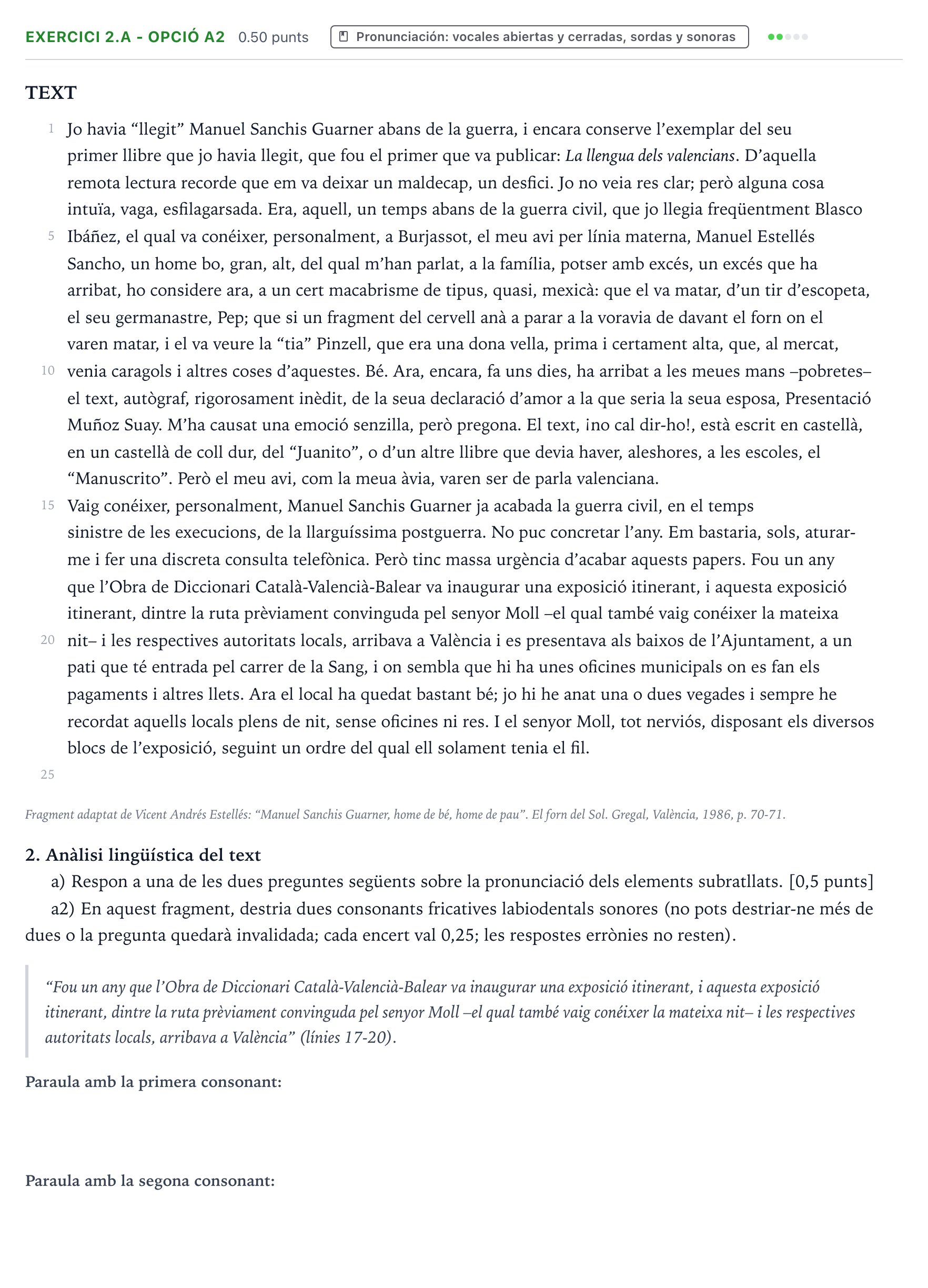 Enunciado: Ejercicio 2.a - Opció a2 · Lengua Valenciana y Literatura II PAU Valencia Ordinaria 2026