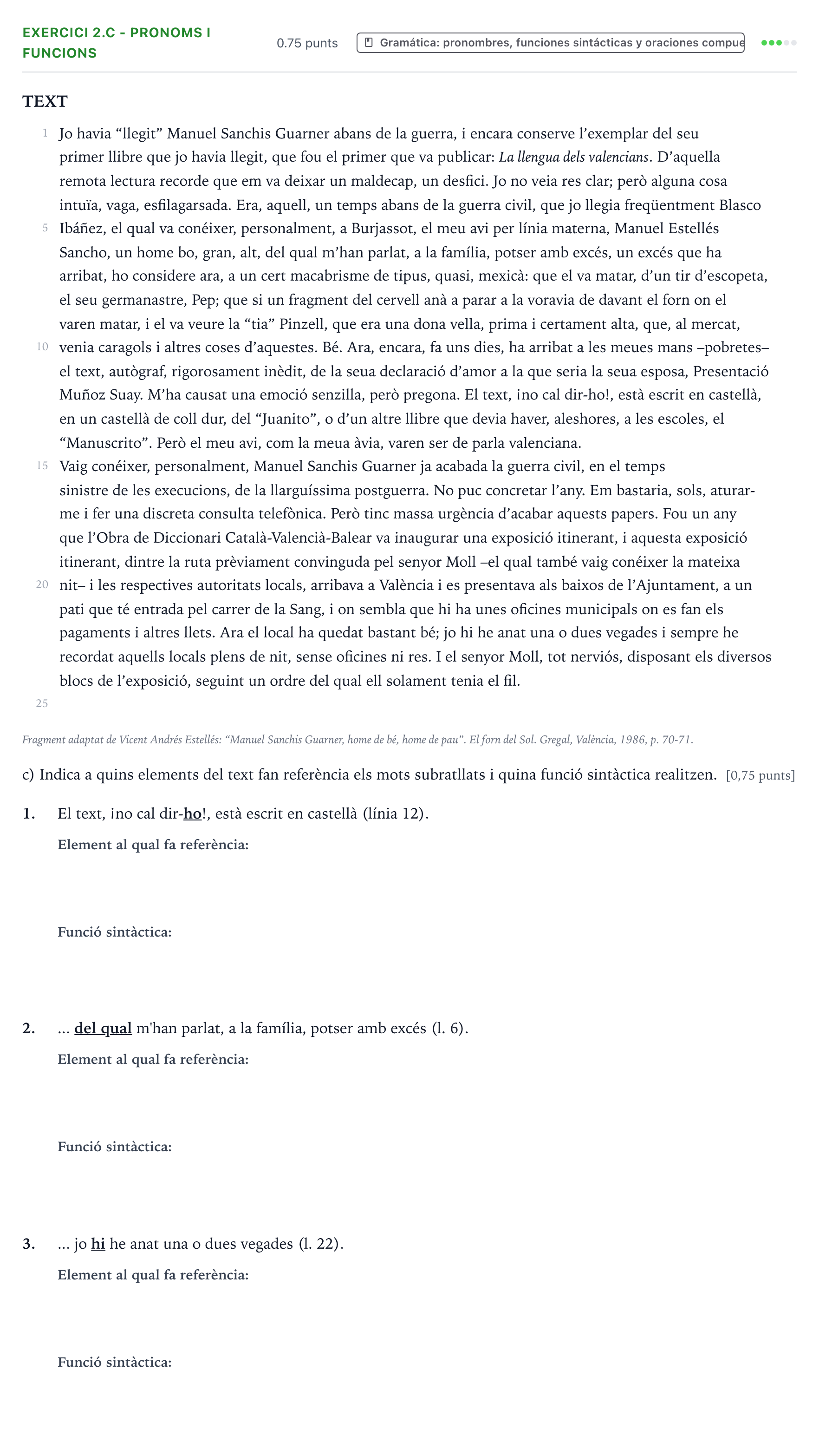 Enunciado: Ejercicio 2.c - Pronoms i funcions · Lengua Valenciana y Literatura II PAU Valencia Ordinaria 2026