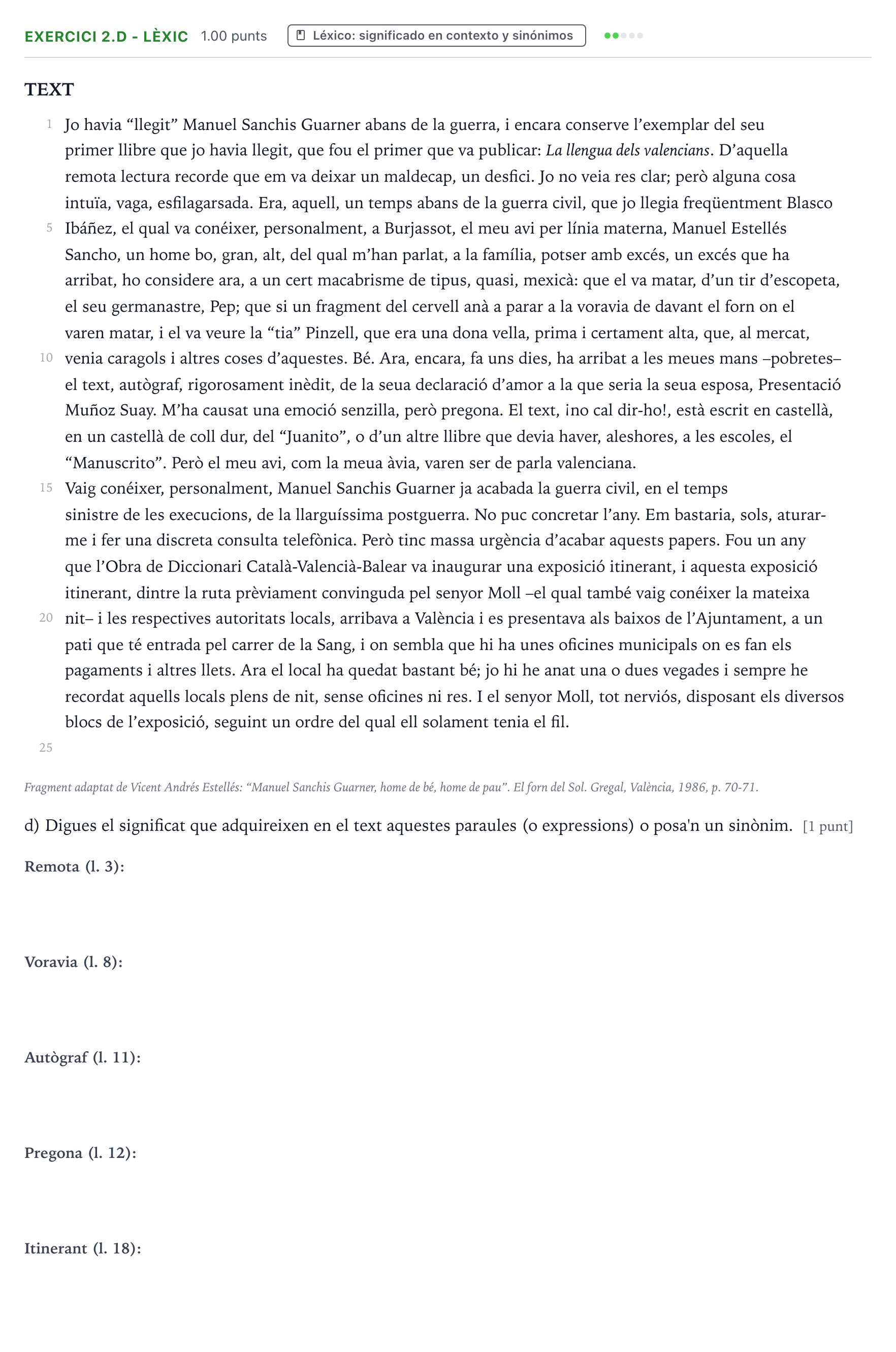 Enunciado: Ejercicio 2.d - Lèxic · Lengua Valenciana y Literatura II PAU Valencia Ordinaria 2026