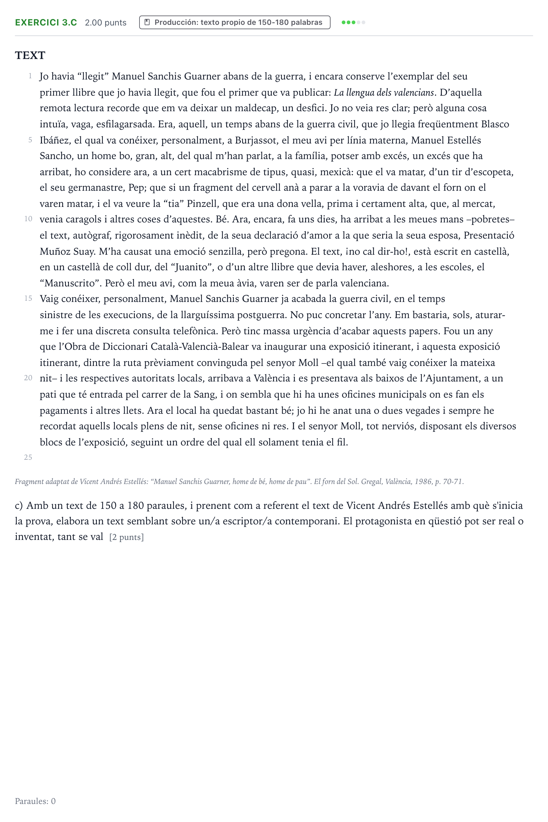 Enunciado: Ejercicio 3.c - Producció · Lengua Valenciana y Literatura II PAU Valencia Ordinaria 2026