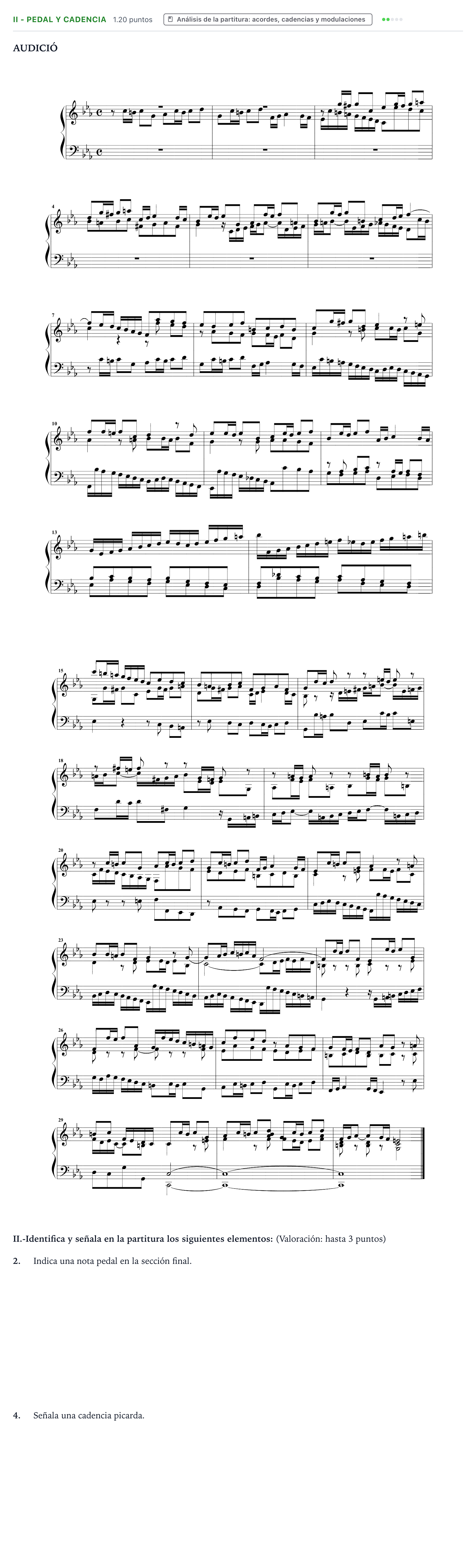 Enunciado: Ejercicio II - Pedal y cadencia · Análisis Musical II PAU Valencia Extraordinaria 2026