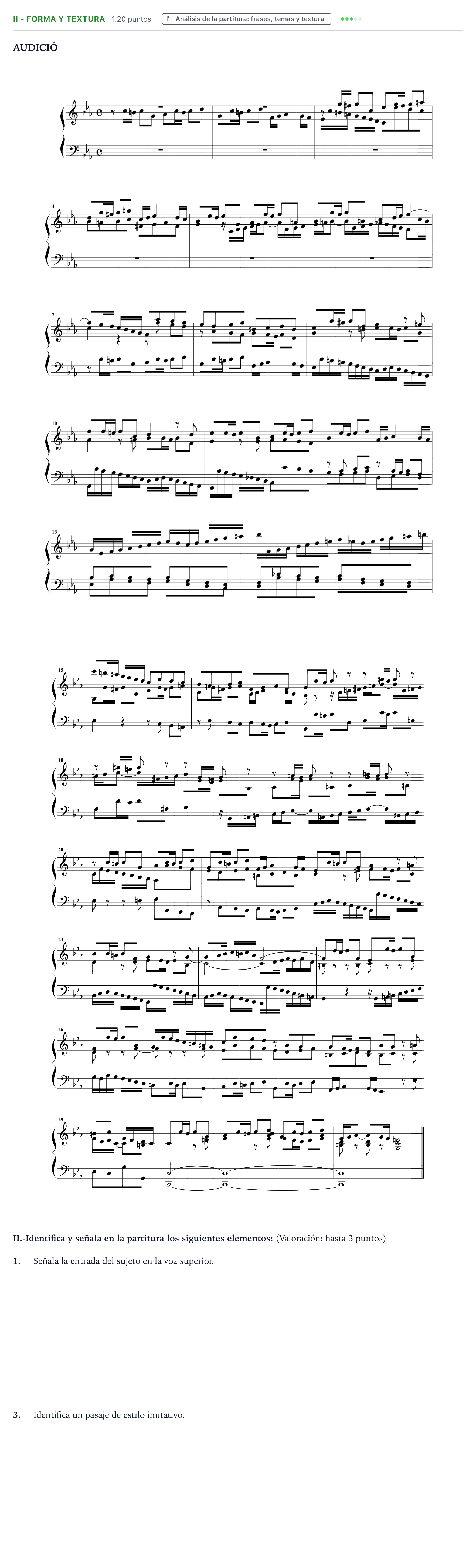 Enunciado: Ejercicio II - Forma y textura · Análisis Musical II PAU Valencia Extraordinaria 2026