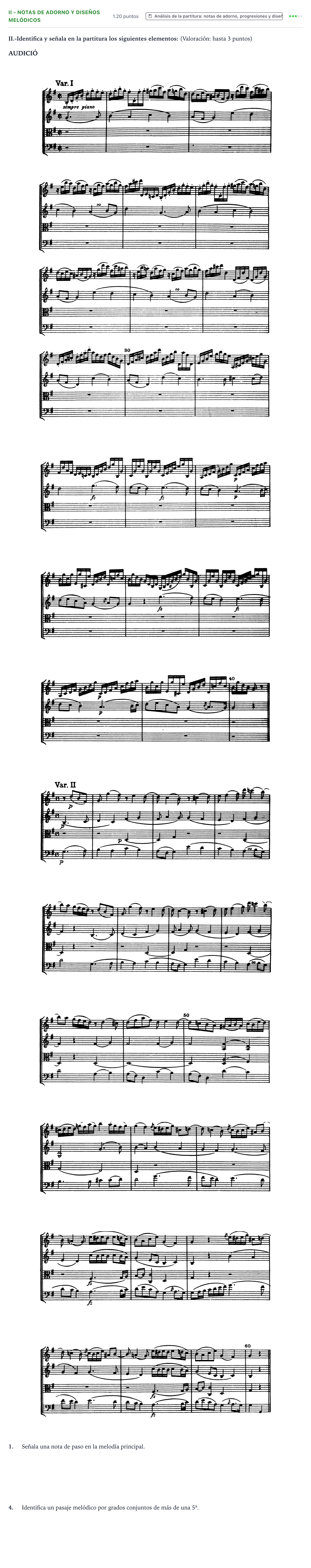 Enunciado: Ejercicio II - Notas de adorno y diseños melódicos · Análisis Musical II PAU Valencia Extraordinaria solapamiento 2026