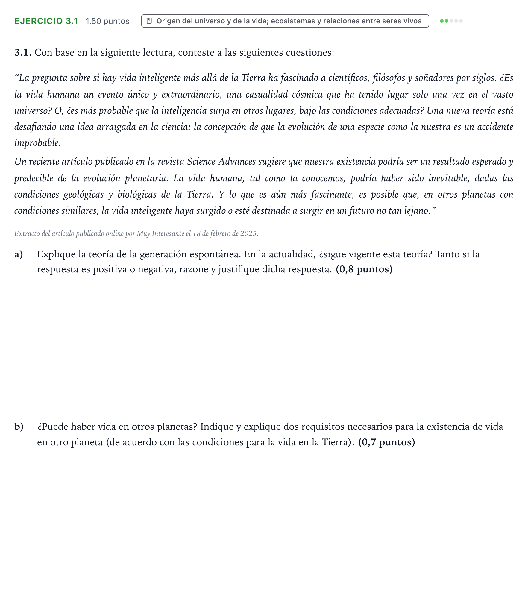 Enunciado: Ejercicio 3.1 · Ciencias Generales PAU Valencia Extraordinaria solapamiento 2026