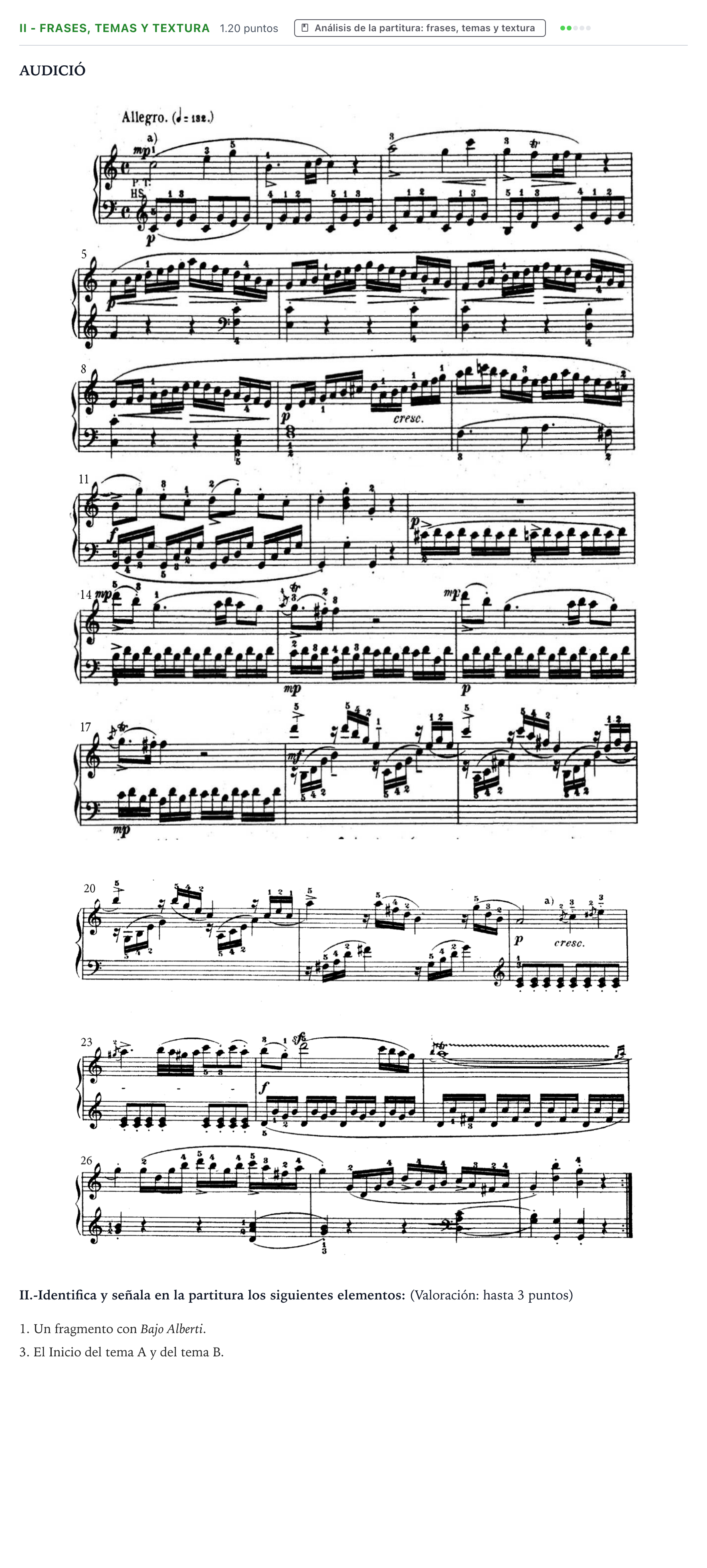 Enunciado: Ejercicio II - Frases, temas y textura · Análisis Musical II PAU Valencia Ordinaria 2026
