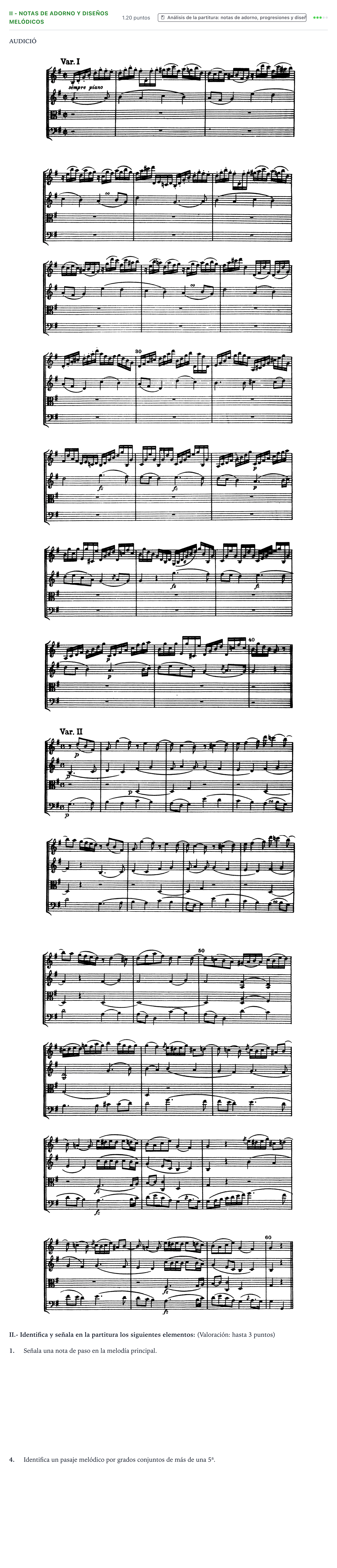Enunciado: Ejercicio II - Notas de adorno y diseños melódicos · Análisis Musical II PAU Valencia Ordinaria solapamiento 2026