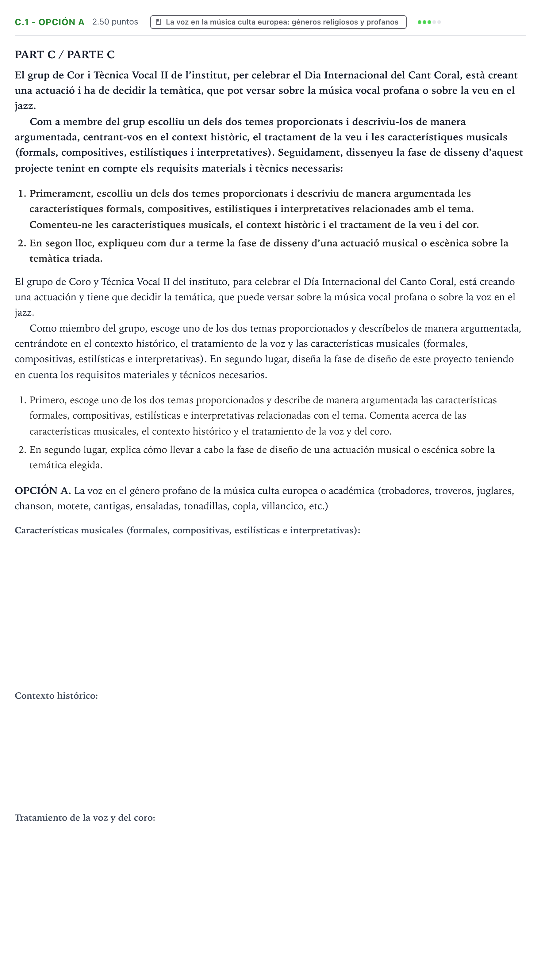 Enunciado: Ejercicio C.1 - Opción A · Coro y Técnica Vocal PAU Valencia Extraordinaria 2026