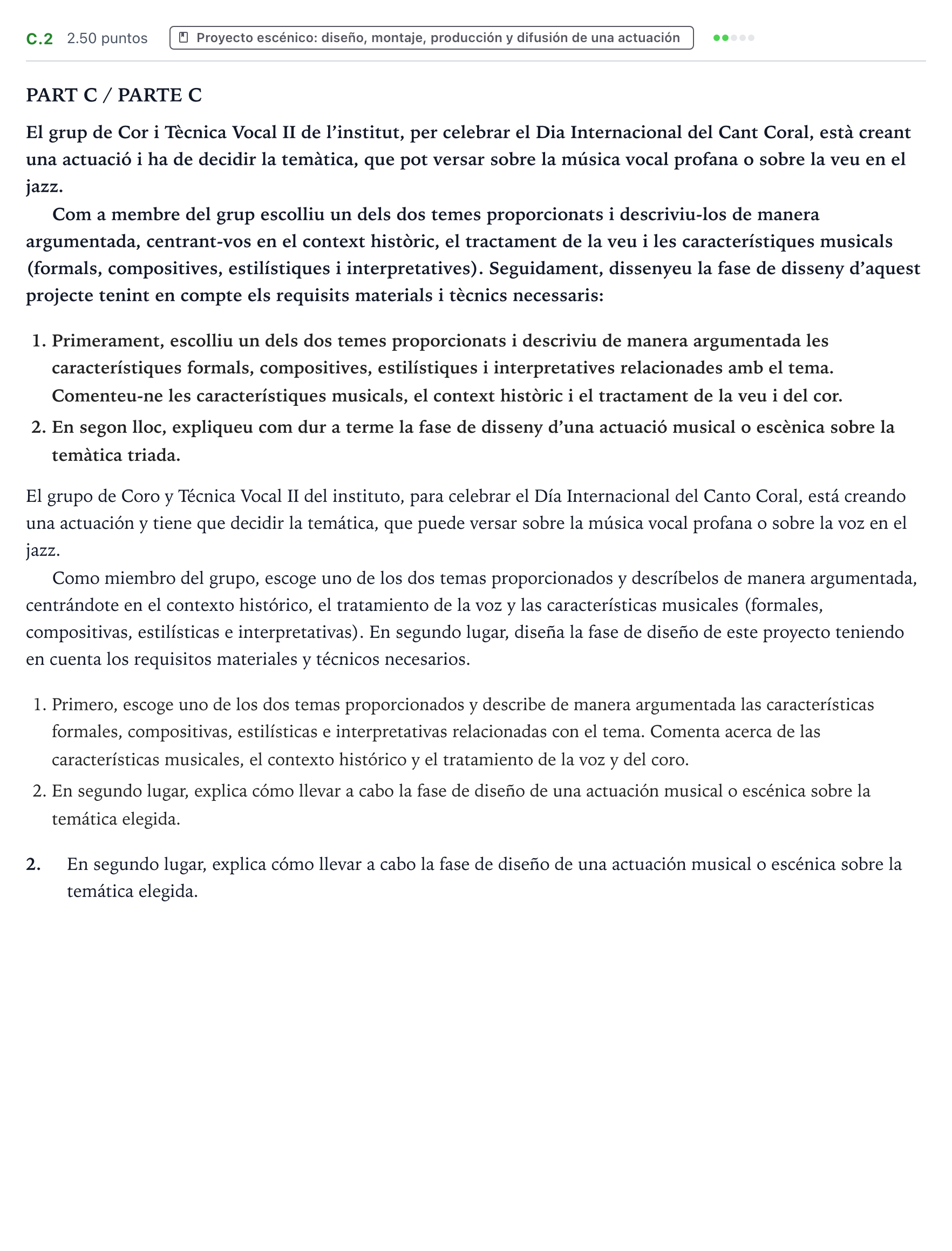 Enunciado: Ejercicio C.2 - Proyecto escénico · Coro y Técnica Vocal PAU Valencia Extraordinaria 2026