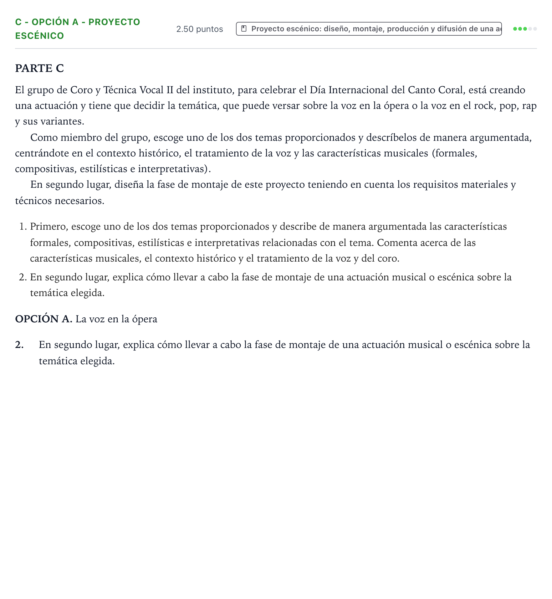 Enunciado: Ejercicio C - Opción A - Proyecto escénico · Coro y Técnica Vocal PAU Valencia Ordinaria 2026