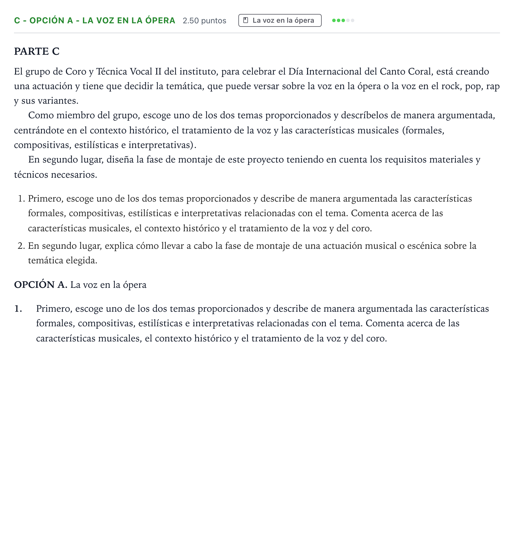 Enunciado: Ejercicio C - Opción A - La voz en la ópera · Coro y Técnica Vocal PAU Valencia Ordinaria 2026