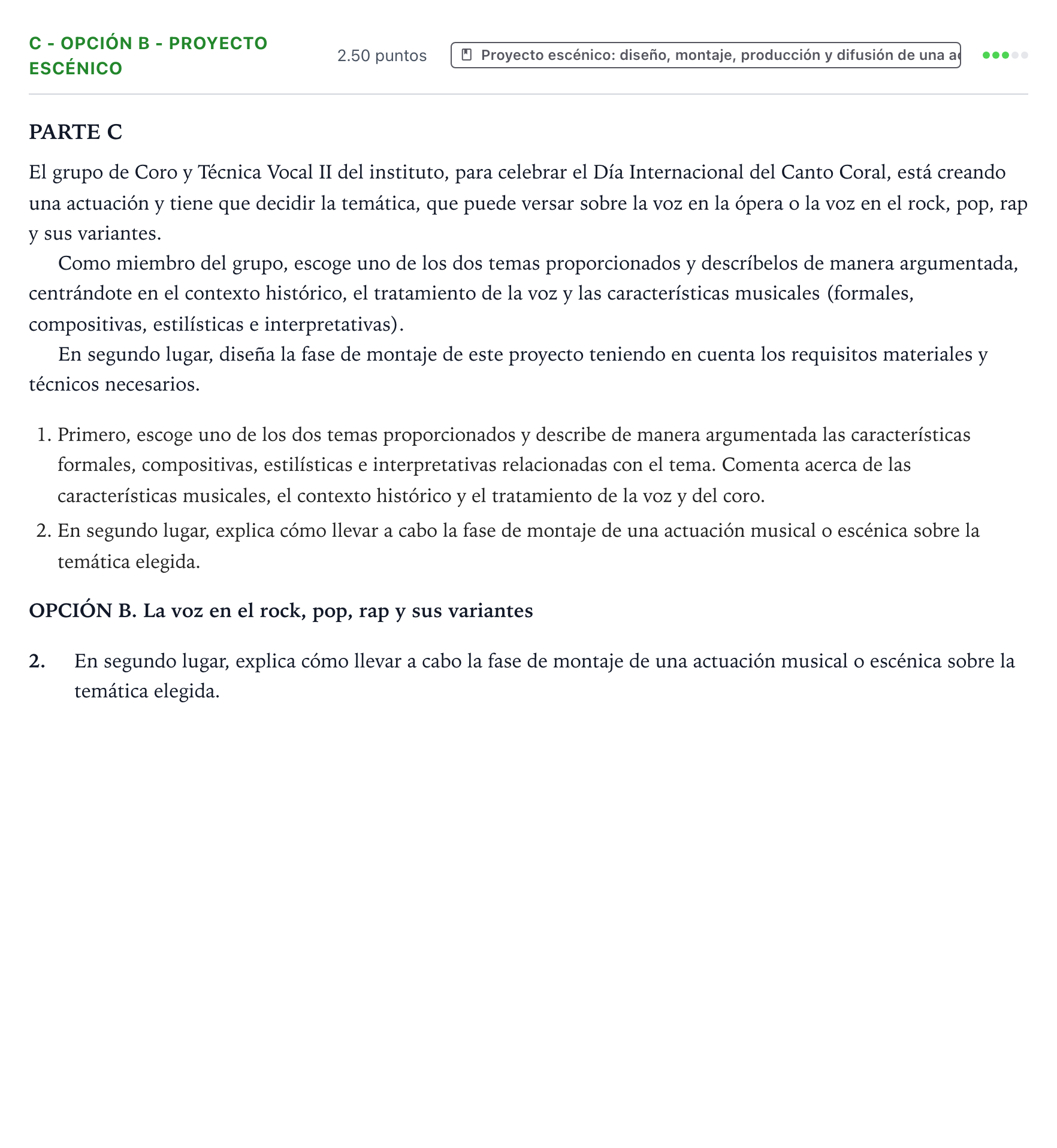 Enunciado: Ejercicio C - Opción B - Proyecto escénico · Coro y Técnica Vocal PAU Valencia Ordinaria 2026