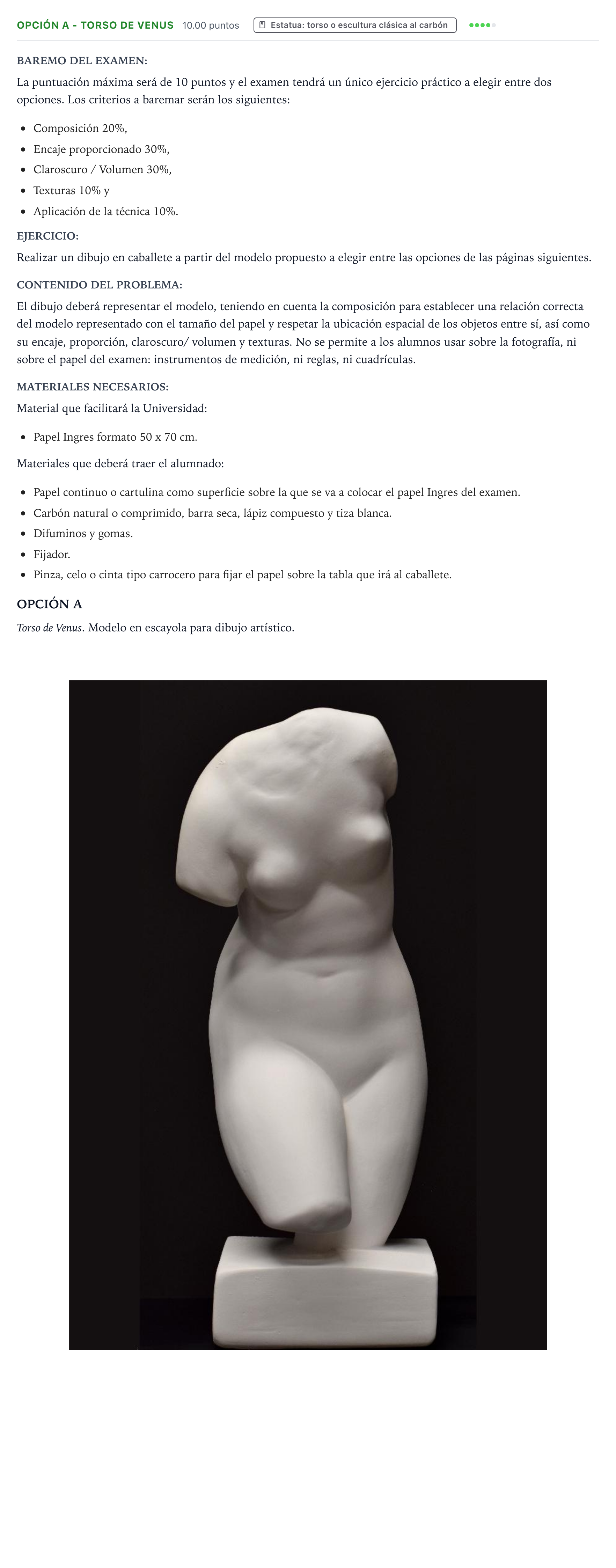 Enunciado: Opción A - Torso de Venus · Dibujo Artístico II PAU Valencia Ordinaria 2026