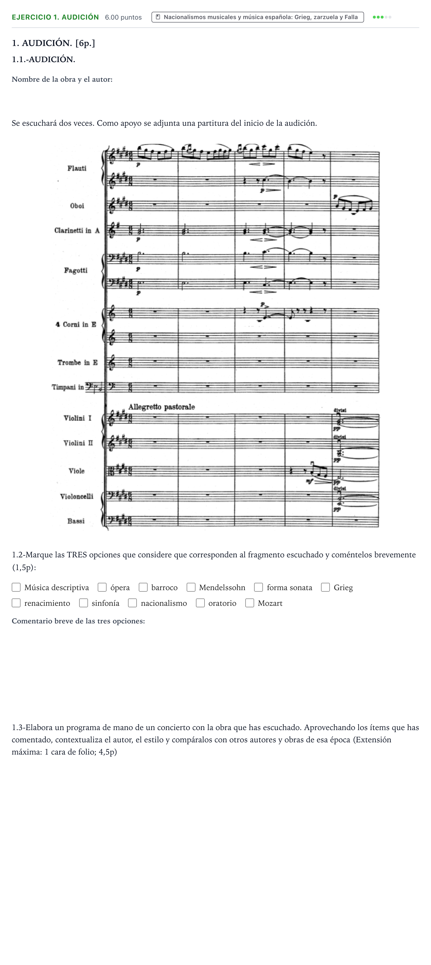 Enunciado: Ejercicio 1. Audición · Historia de la Música y de la Danza PAU Valencia Ordinaria 2026