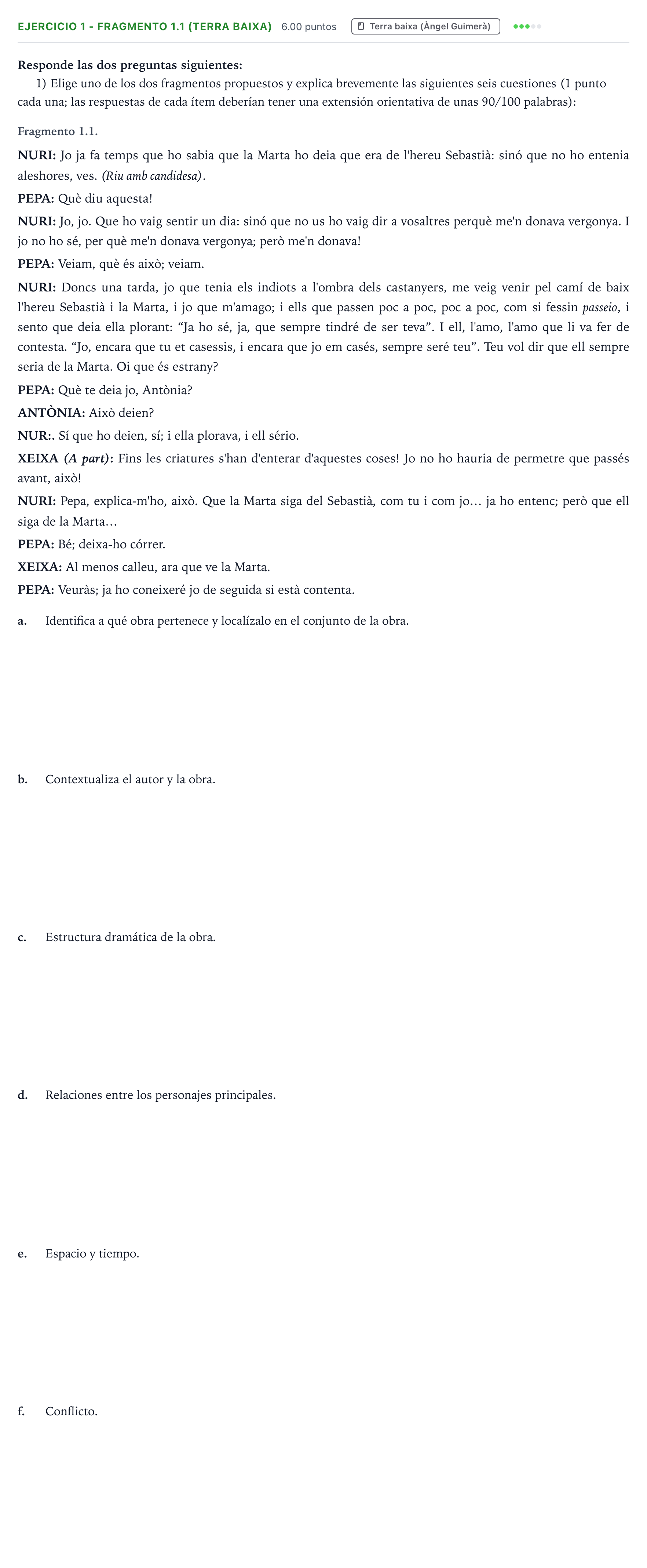 Enunciado: Ejercicio 1 - Fragmento 1.1 (Terra baixa) · Literatura Dramática PAU Valencia Ordinaria 2026