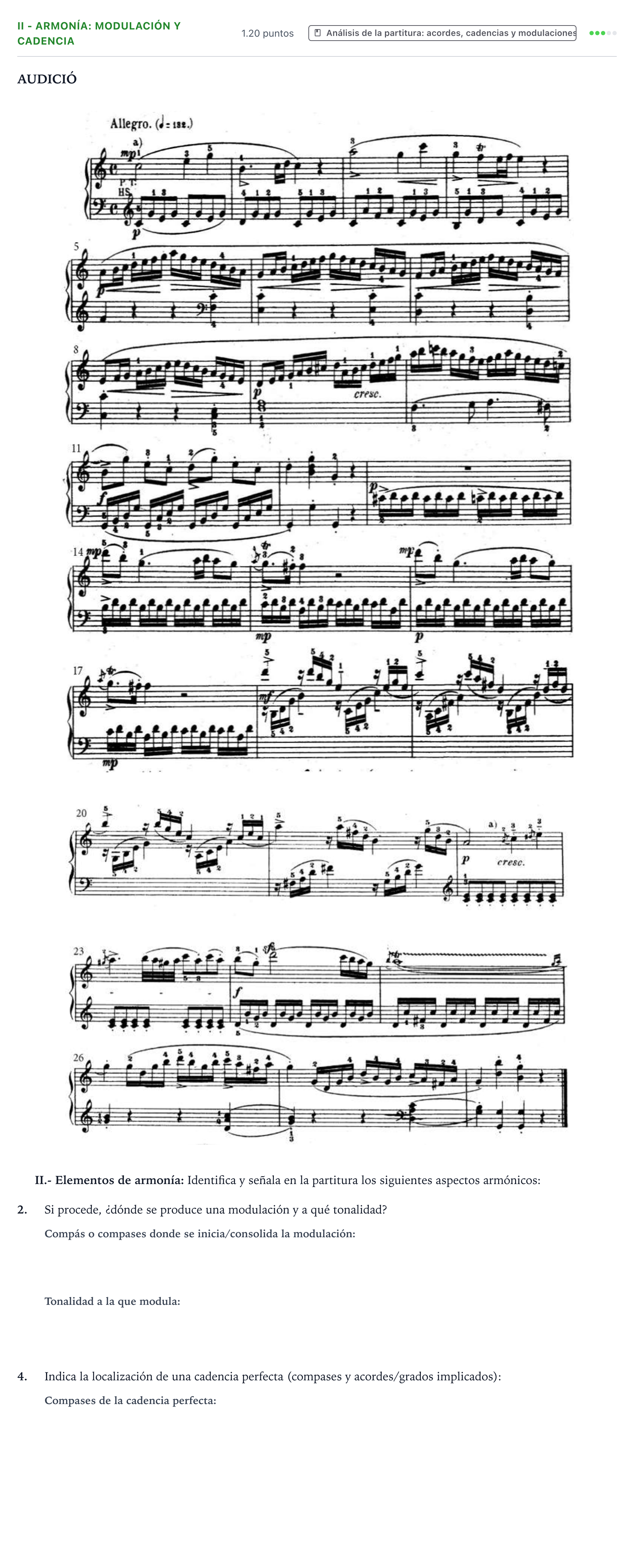 Enunciado: Ejercicio II - Armonía: modulación y cadencia · Análisis Musical II PAU Valencia Extraordinaria 2025