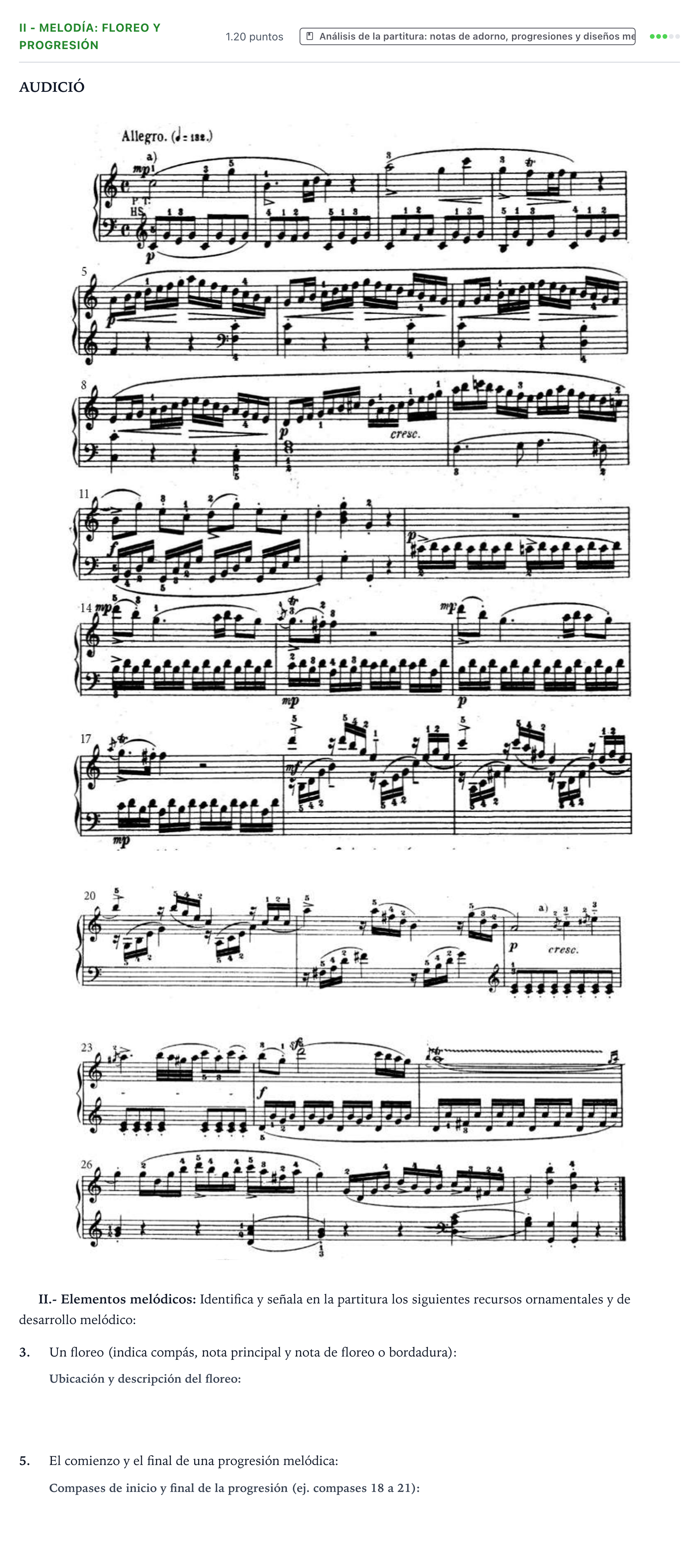 Enunciado: Ejercicio II - Melodía: floreo y progresión · Análisis Musical II PAU Valencia Extraordinaria 2025