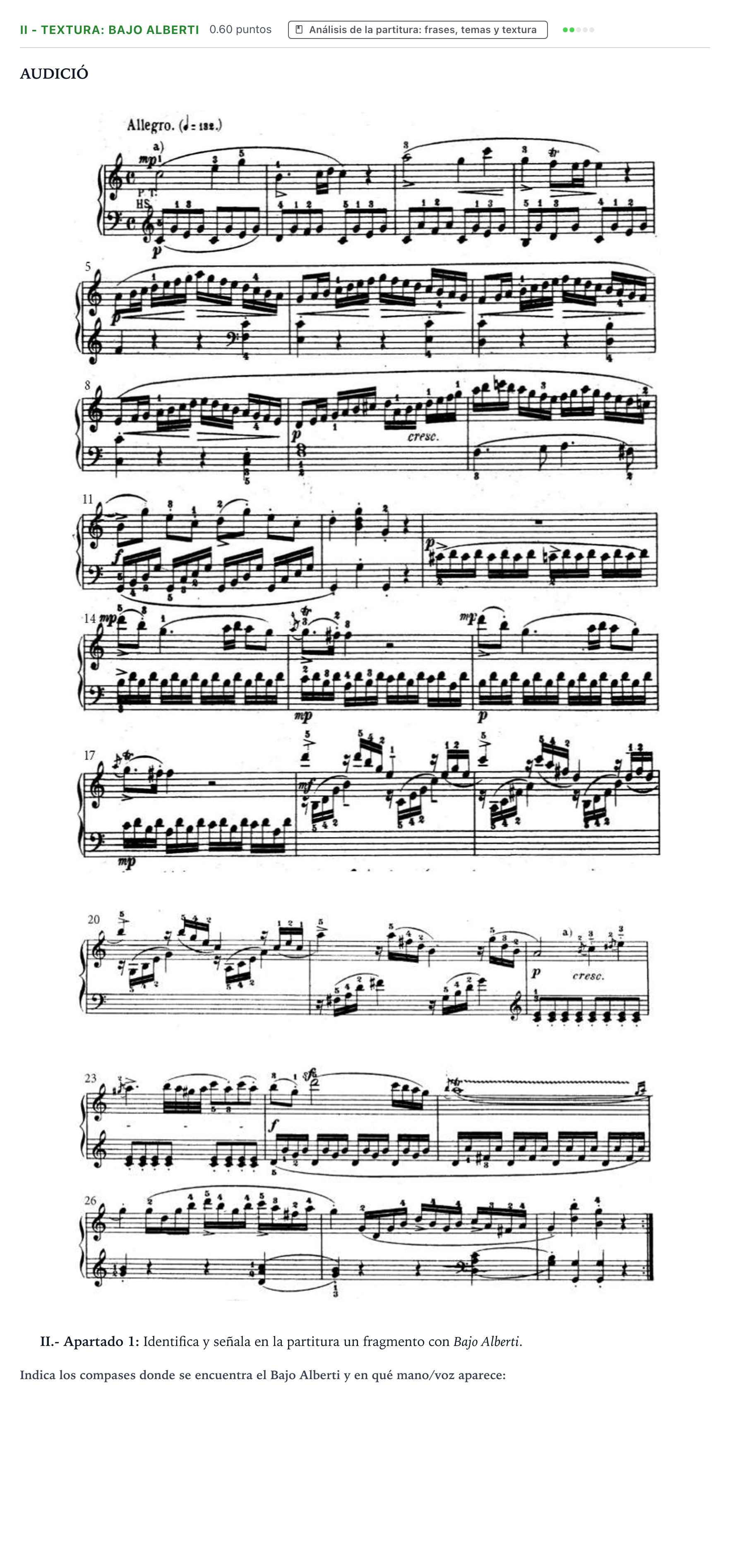 Enunciado: Ejercicio II - Textura: bajo Alberti · Análisis Musical II PAU Valencia Extraordinaria 2025