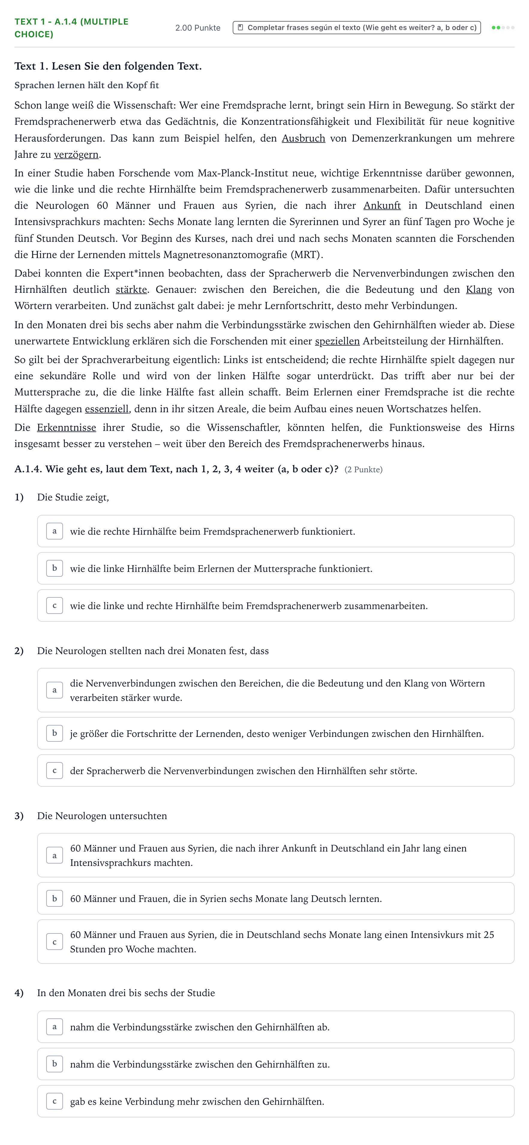 Enunciado: Ejercicio Text 1 - A.1.4 (Multiple Choice) · Alemán PAU Valencia Extraordinaria solapamiento 2025
