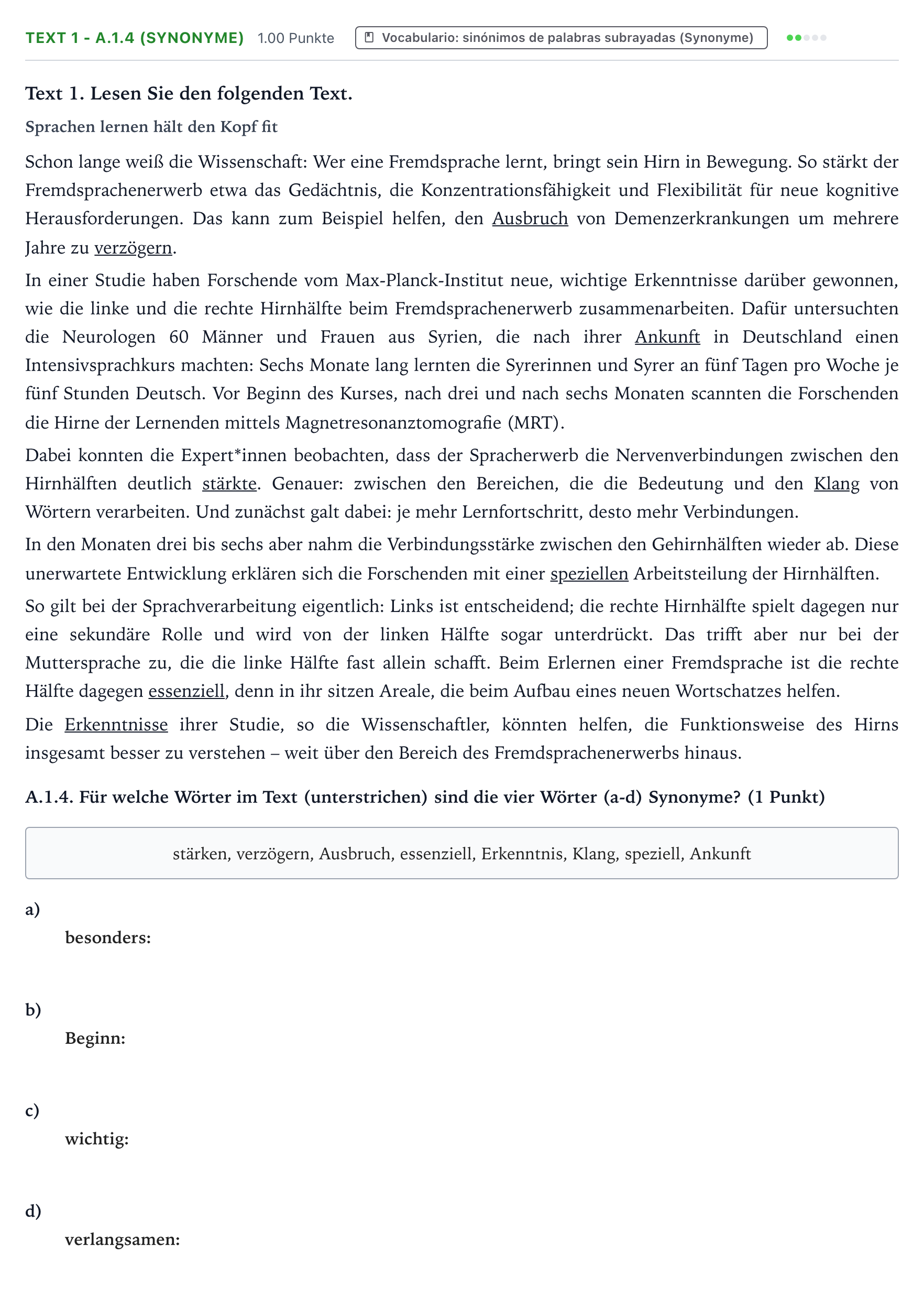 Enunciado: Ejercicio Text 1 - A.1.4 (Synonyme) · Alemán PAU Valencia Extraordinaria solapamiento 2025