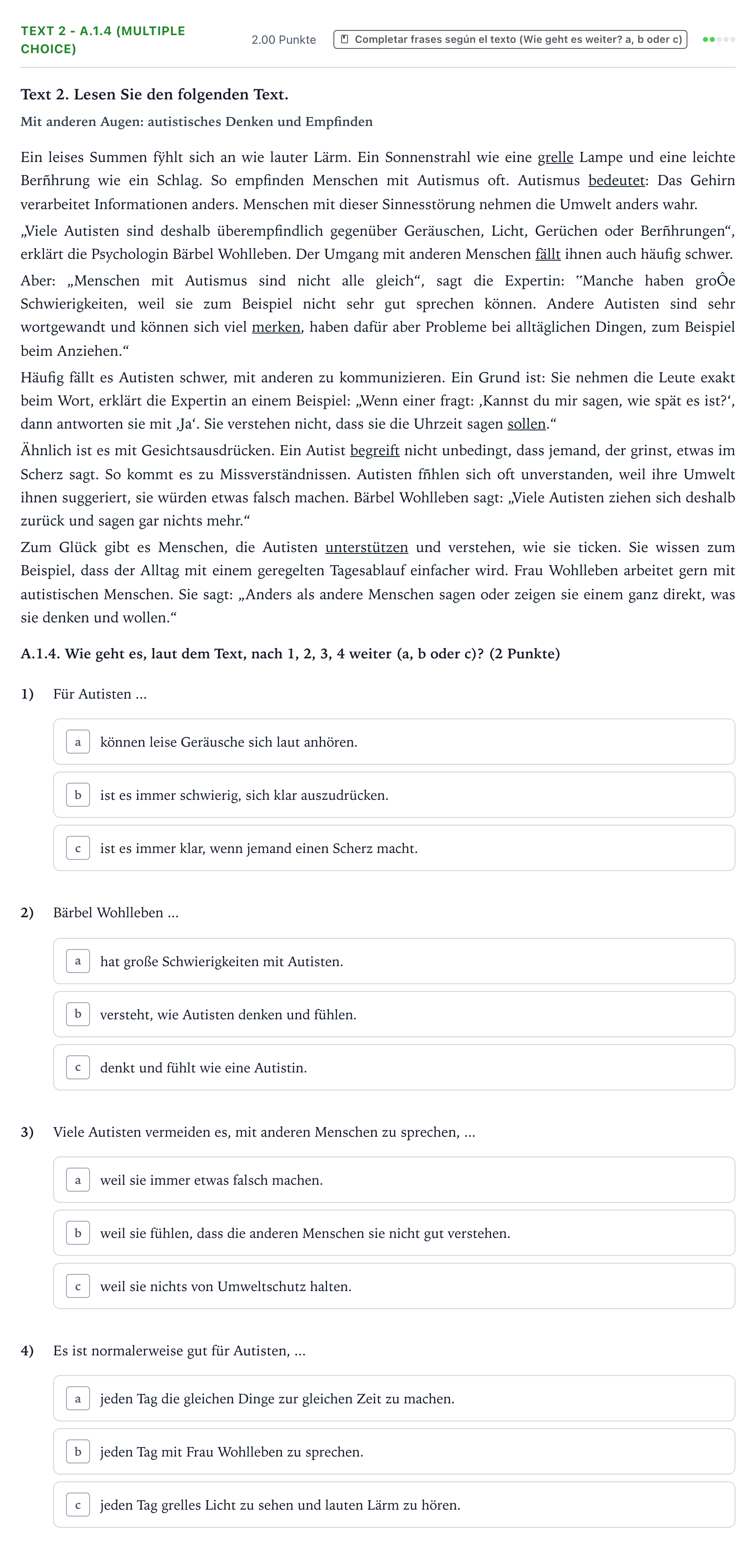 Enunciado: Ejercicio Text 2 - A.1.4 (Multiple Choice) · Alemán PAU Valencia Extraordinaria solapamiento 2025