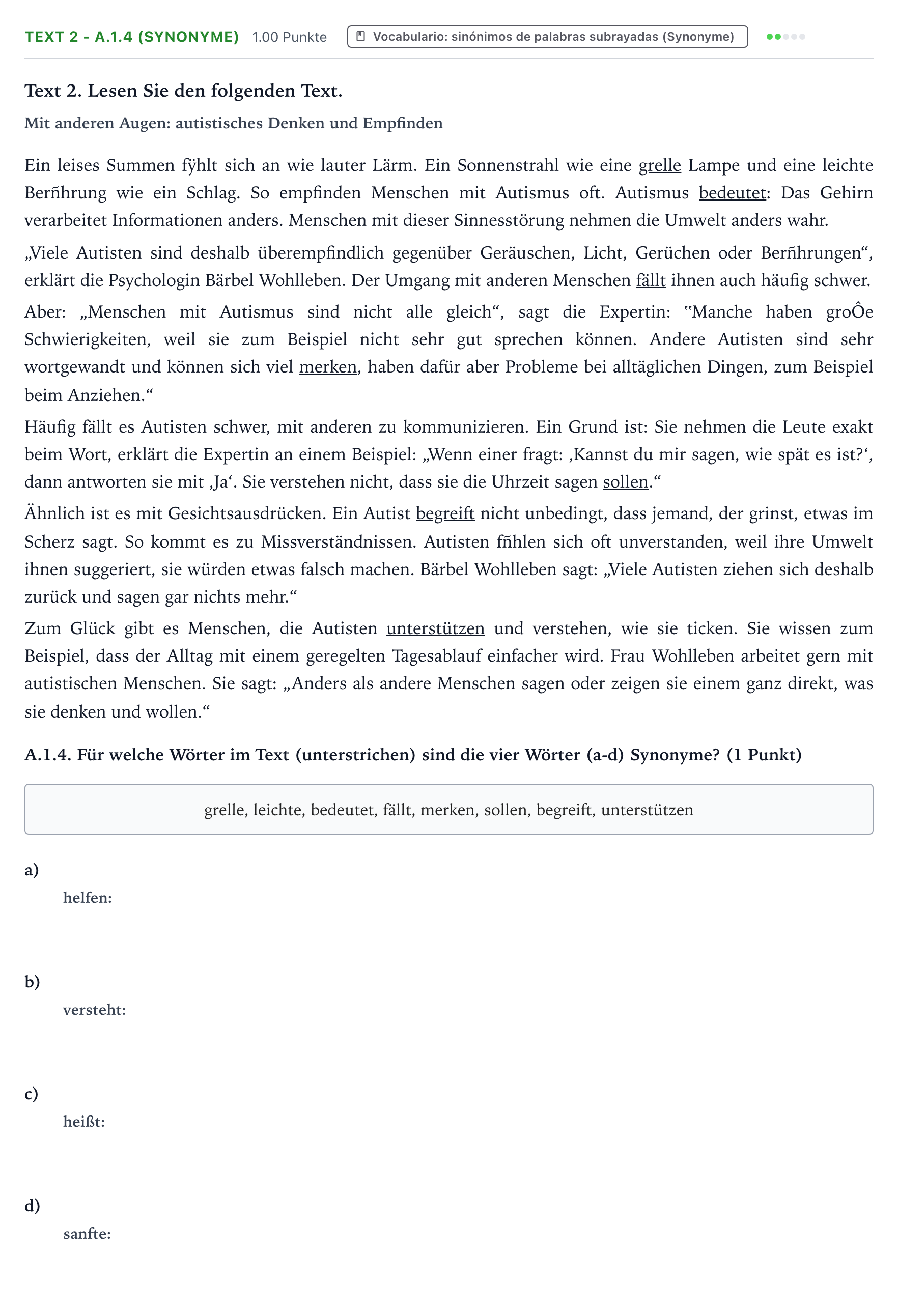 Enunciado: Ejercicio Text 2 - A.1.4 (Synonyme) · Alemán PAU Valencia Extraordinaria solapamiento 2025