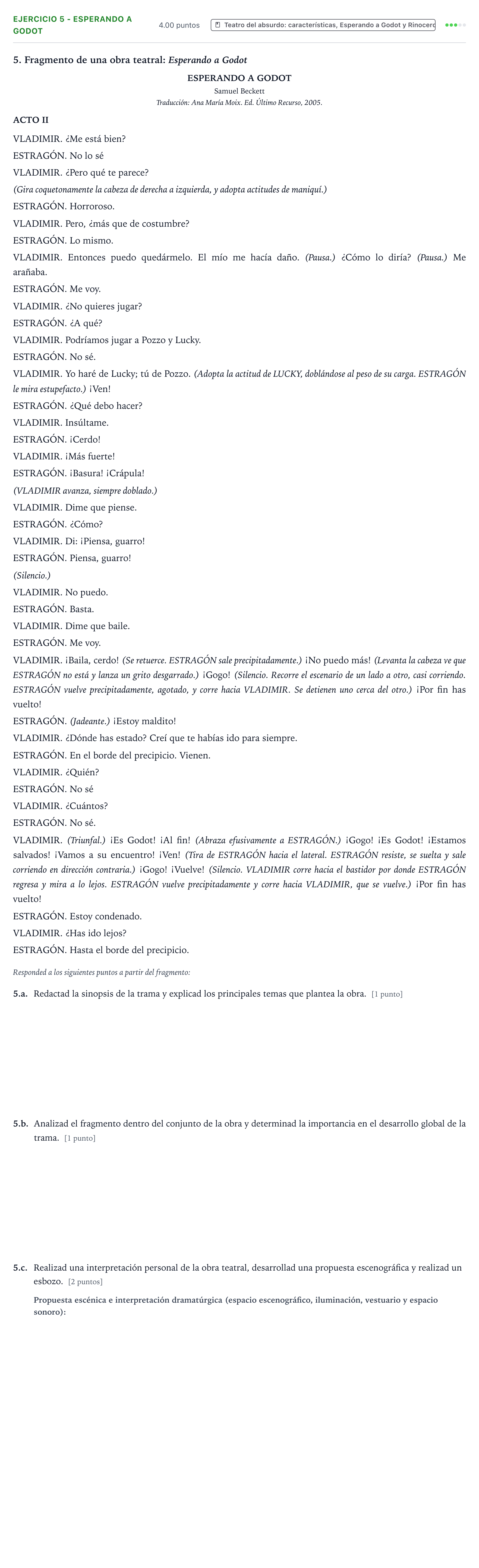 Enunciado: Ejercicio 5 - Esperando a Godot · Artes Escénicas PAU Valencia Extraordinaria 2025