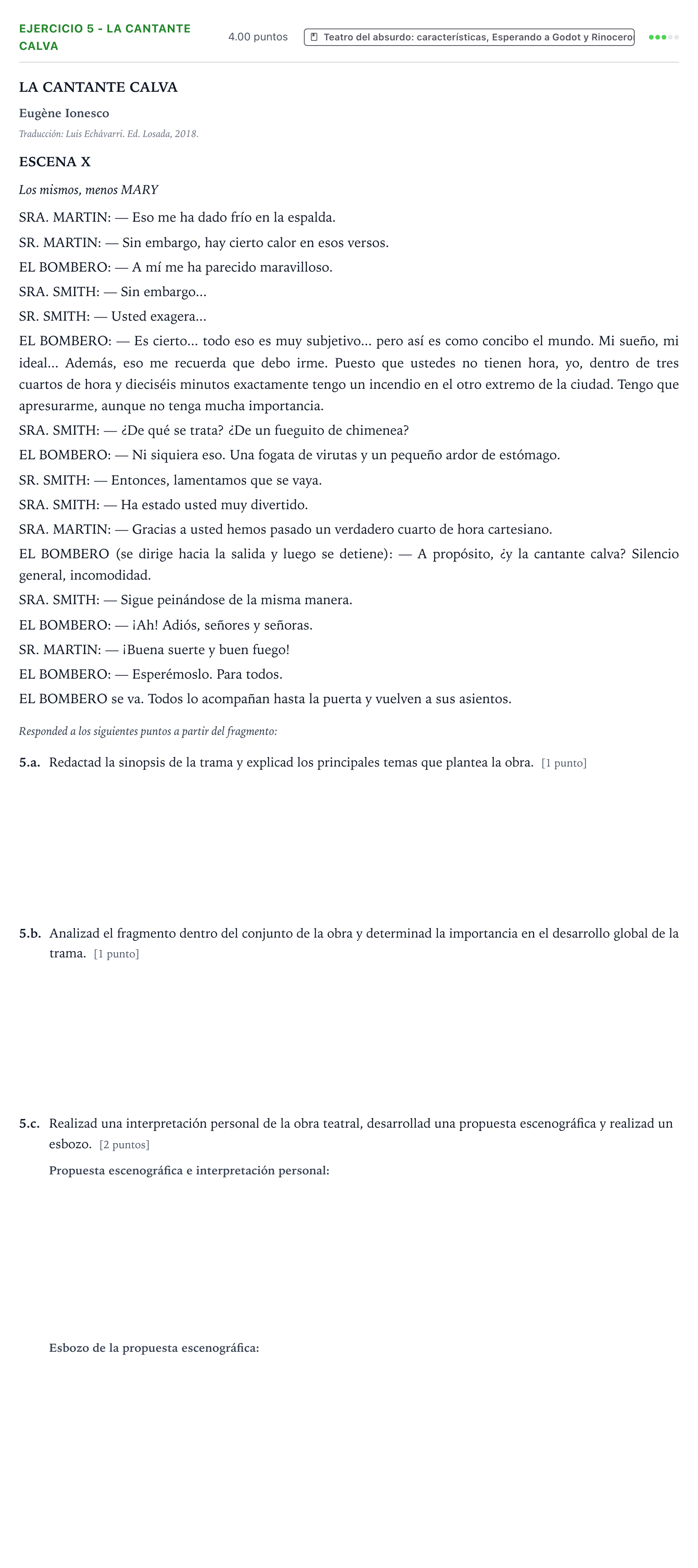 Enunciado: Ejercicio 5 - La cantante calva · Artes Escénicas PAU Valencia Extraordinaria 2025