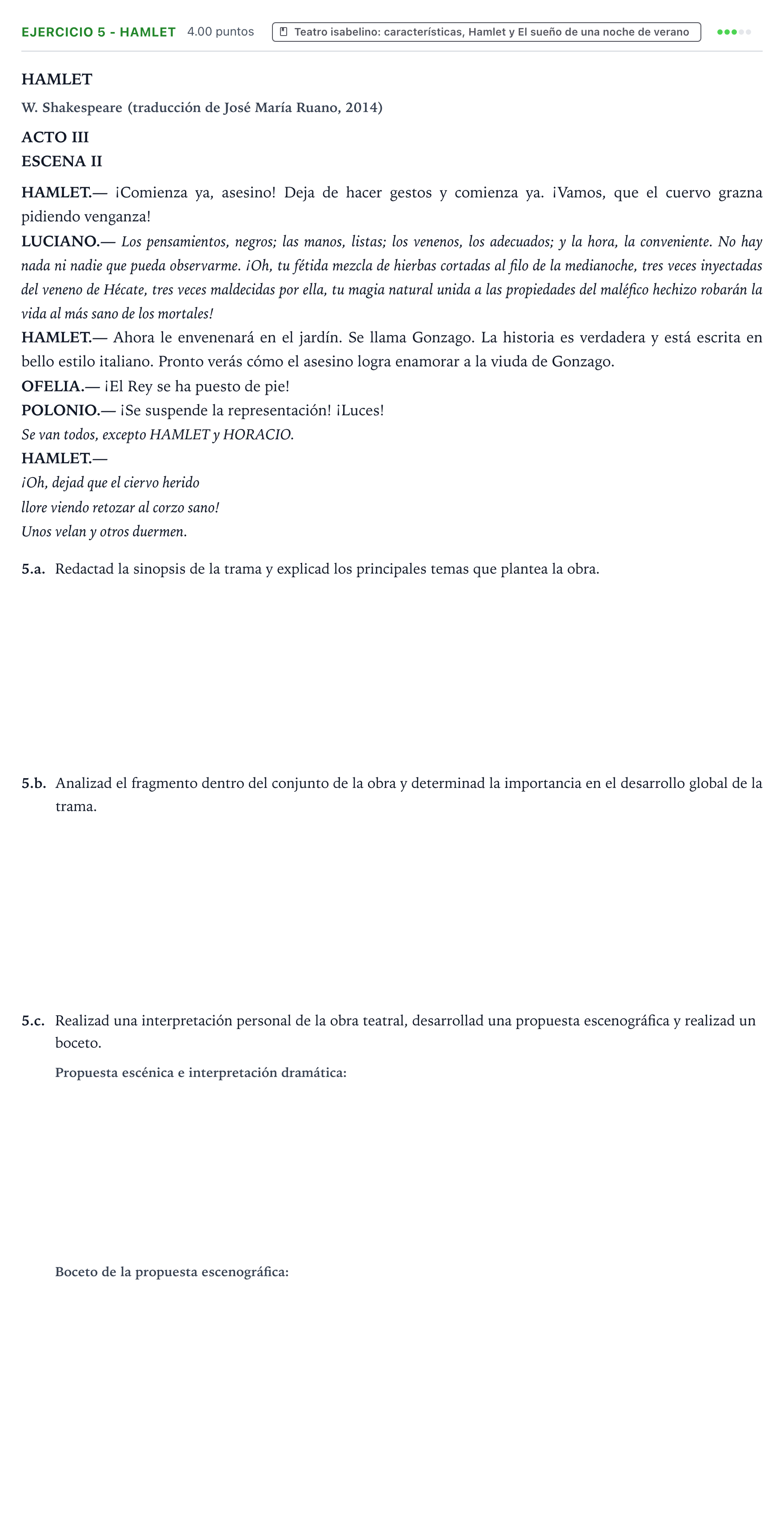 Enunciado: Ejercicio 5 - Hamlet · Artes Escénicas PAU Valencia Extraordinaria solapamiento 2025