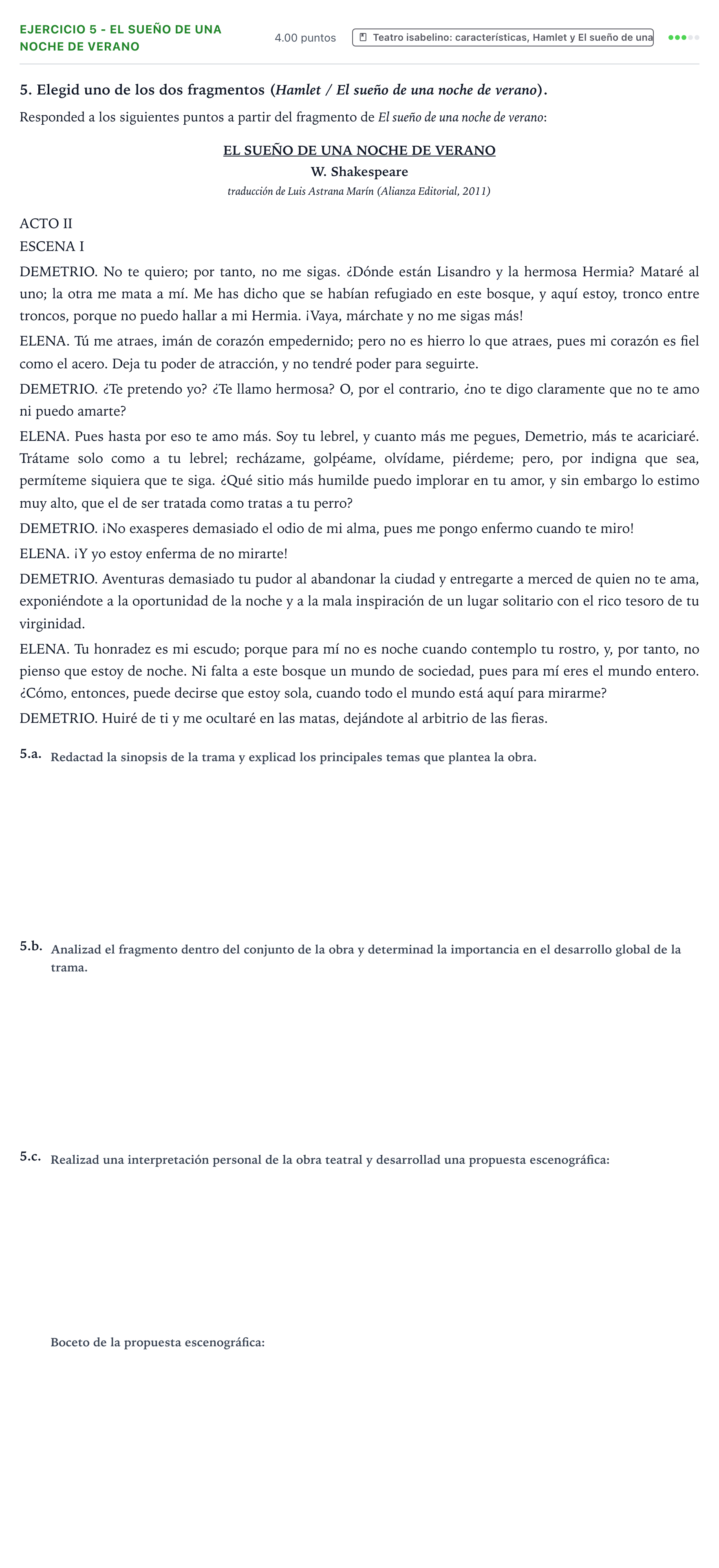 Enunciado: Ejercicio 5 - El sueño de una noche de verano · Artes Escénicas PAU Valencia Extraordinaria solapamiento 2025