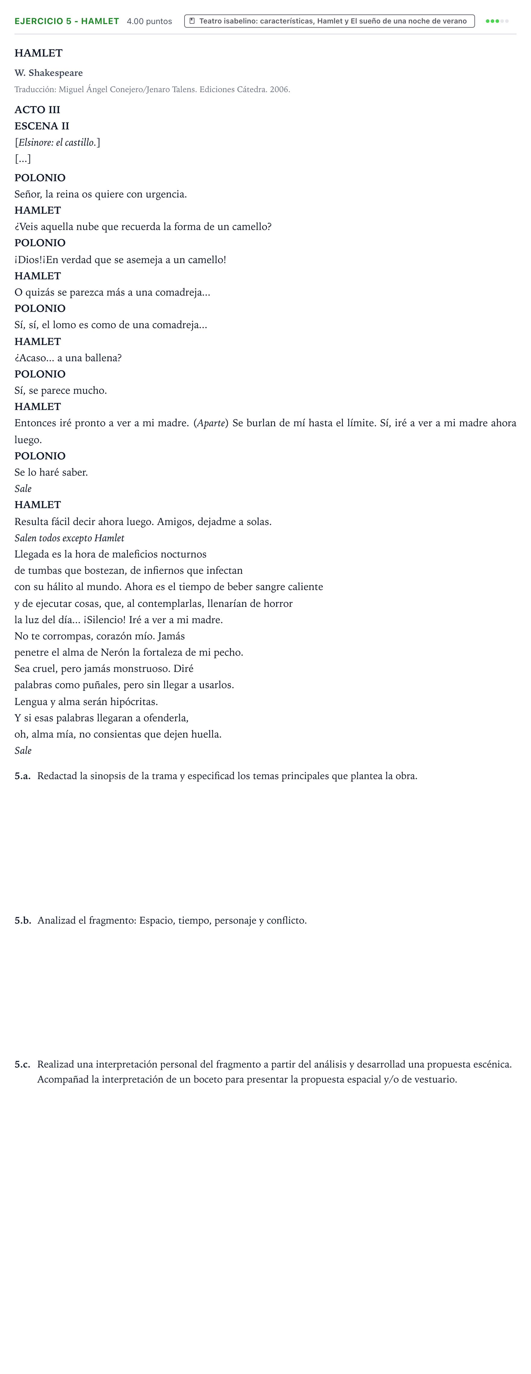 Enunciado: Ejercicio 5 - Hamlet · Artes Escénicas PAU Valencia Ordinaria 2025