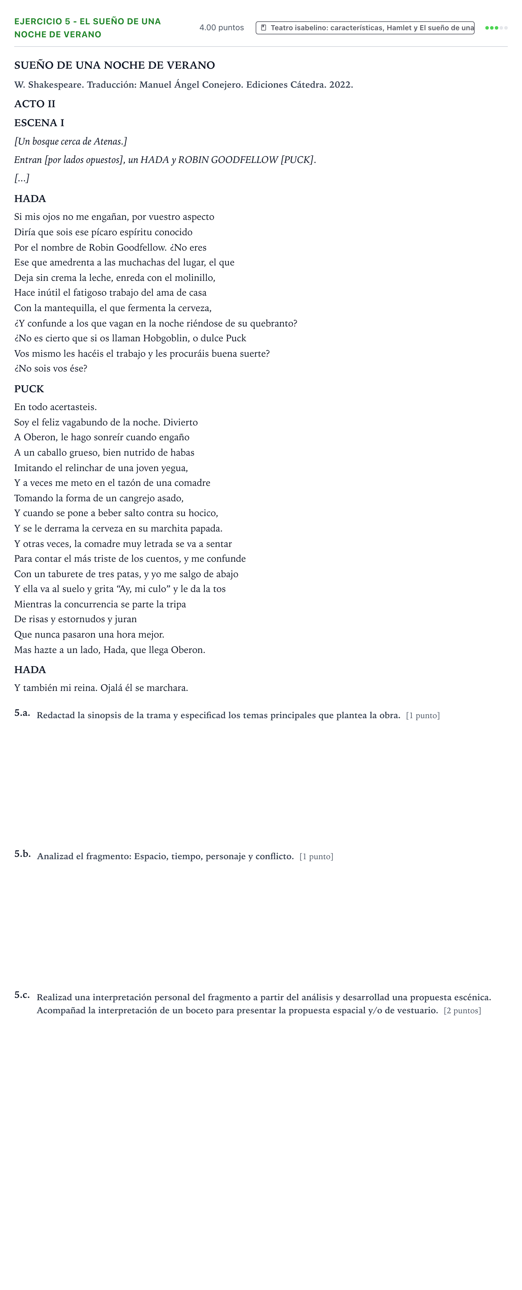 Enunciado: Ejercicio 5 - El sueño de una noche de verano · Artes Escénicas PAU Valencia Ordinaria 2025