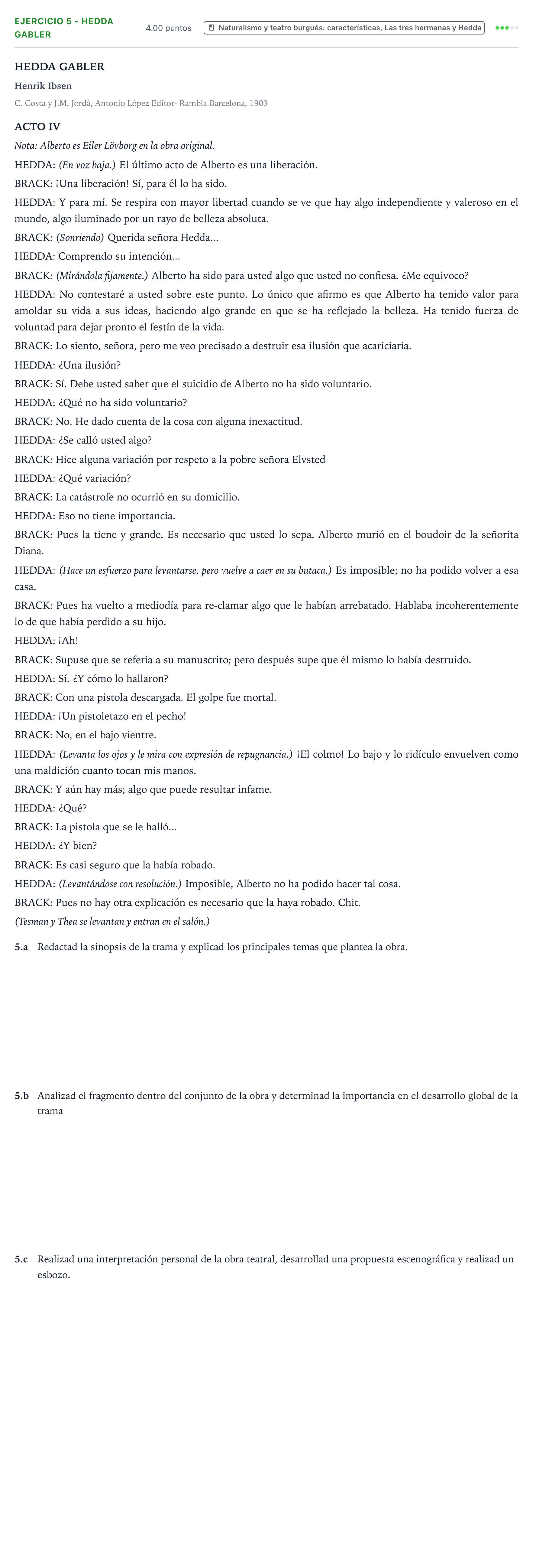 Enunciado: Ejercicio 5 - Hedda Gabler · Artes Escénicas PAU Valencia Ordinaria solapamiento 2025