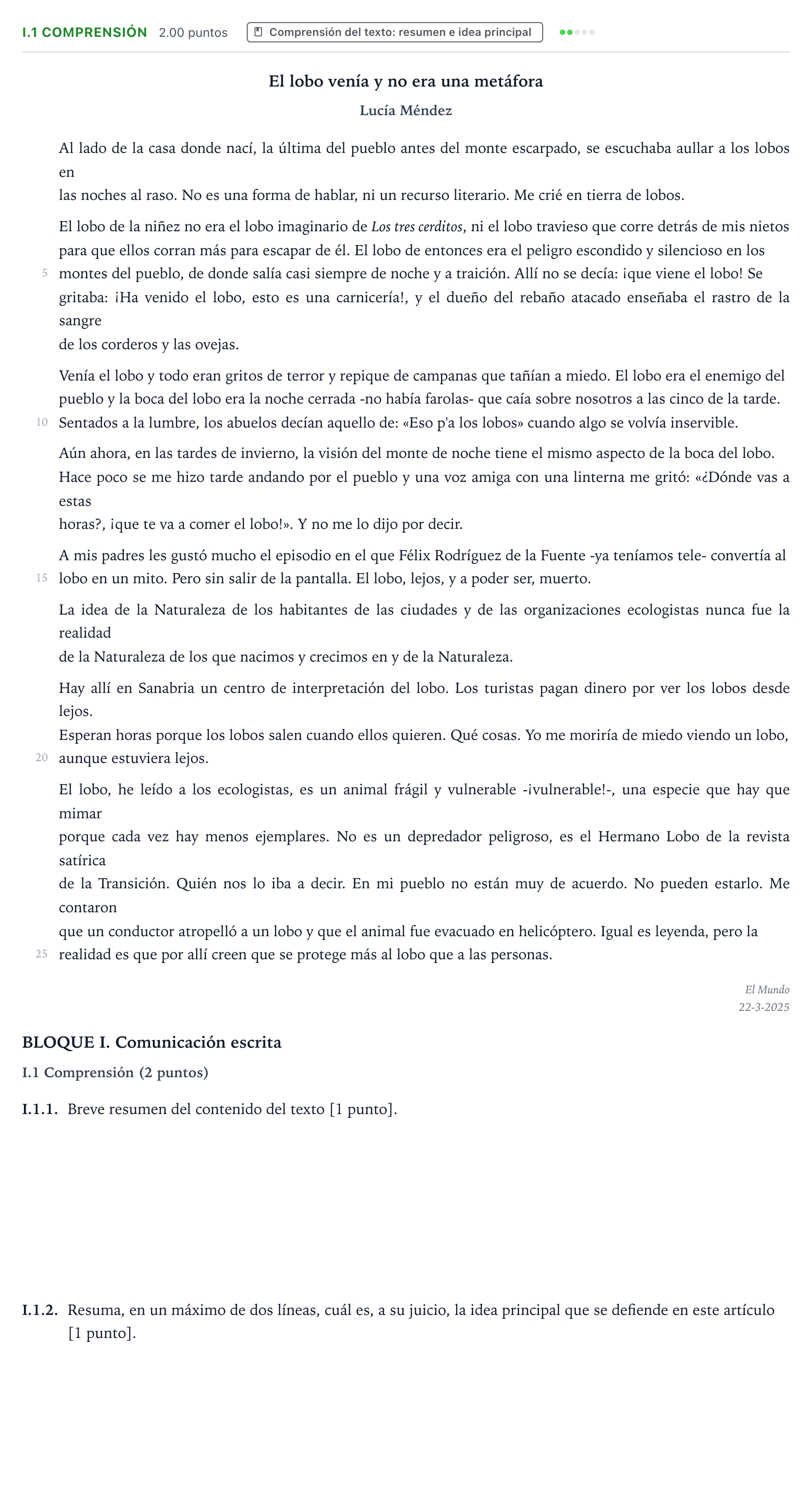 Enunciado: Ejercicio I.1 Comprensión · Lengua Castellana y Literatura II PAU Valencia Extraordinaria DANA 2025