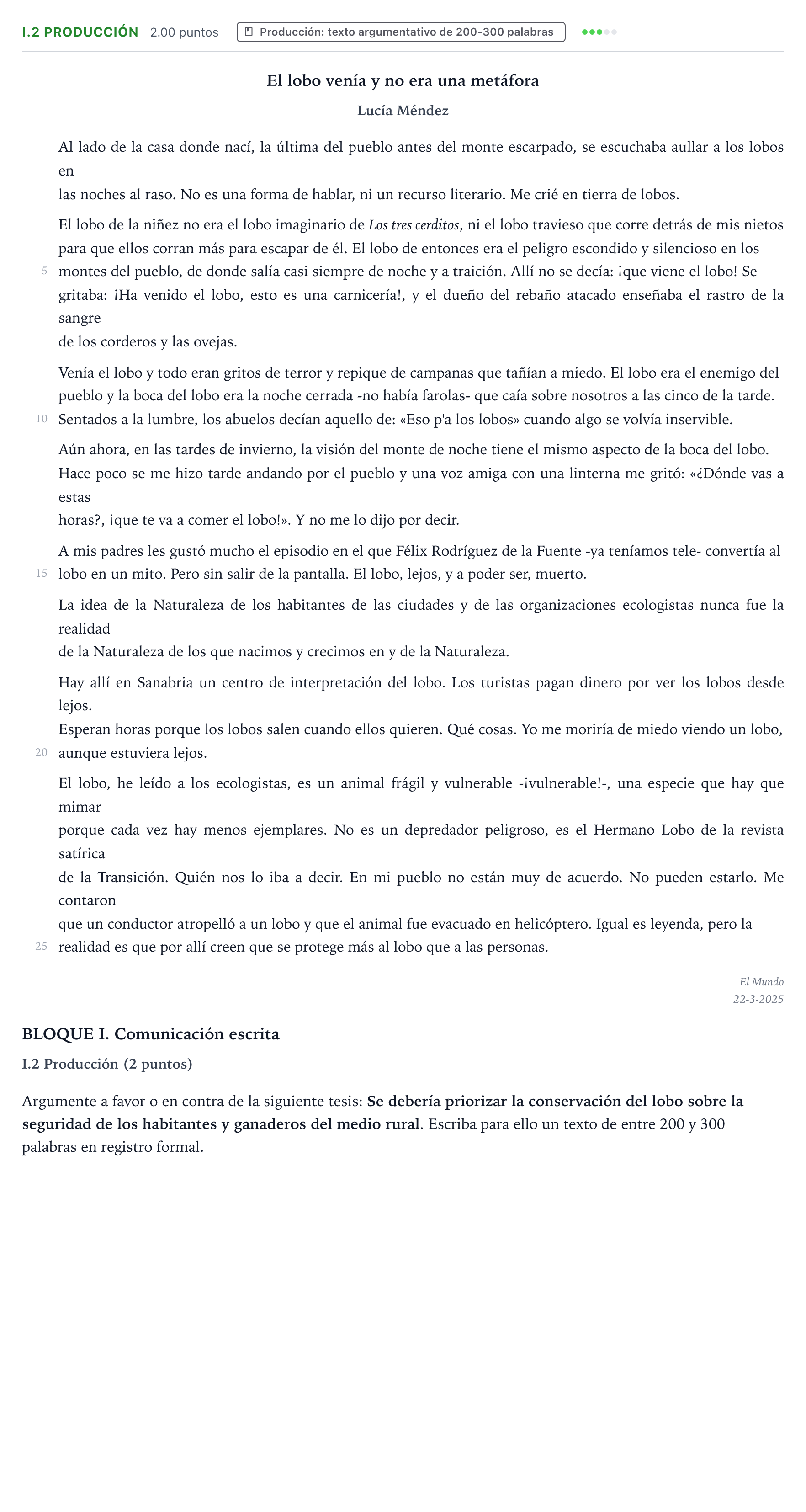 Enunciado: Ejercicio I.2 Producción · Lengua Castellana y Literatura II PAU Valencia Extraordinaria DANA 2025