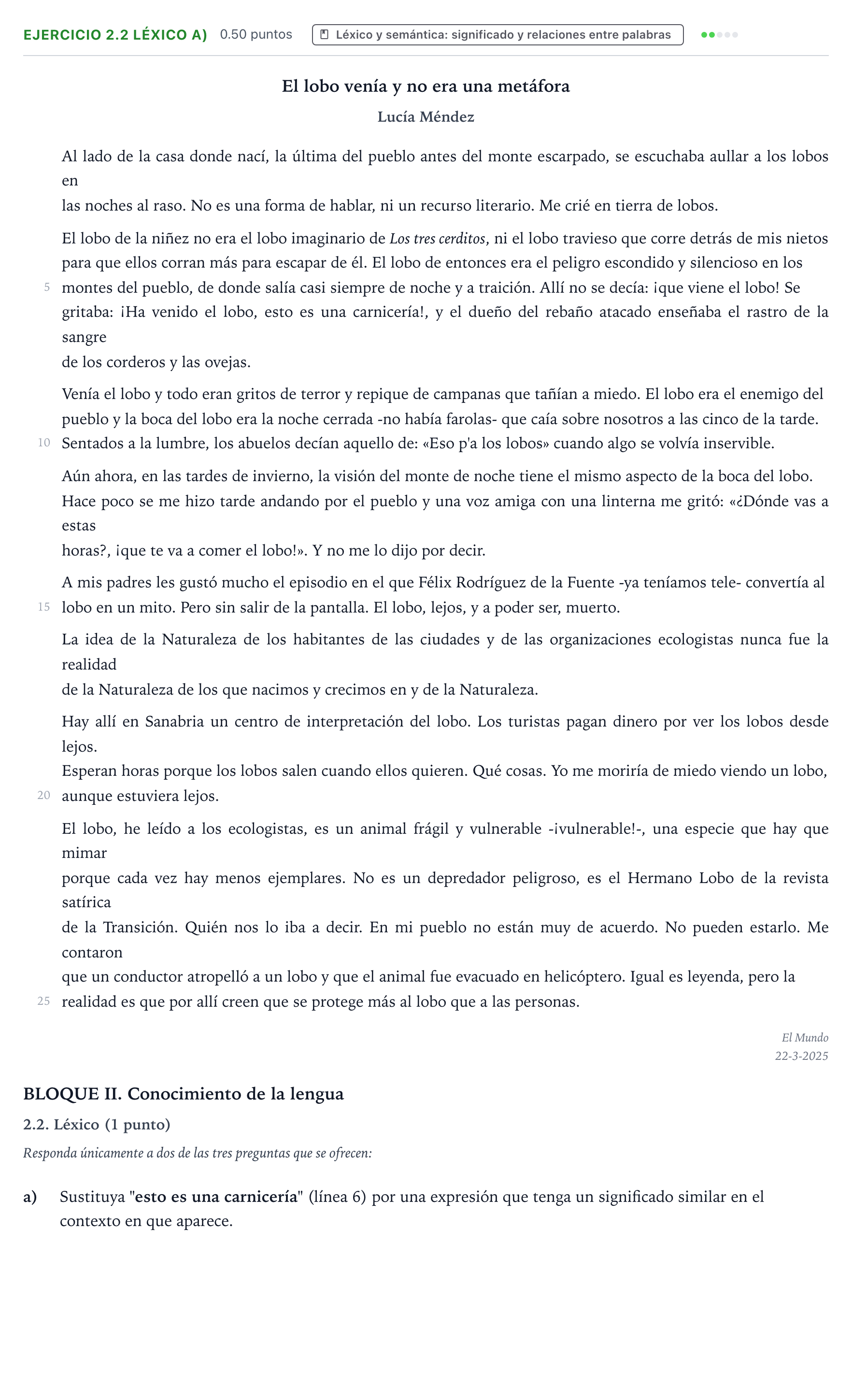 Enunciado: Ejercicio 2.2 Léxico a) · Lengua Castellana y Literatura II PAU Valencia Extraordinaria DANA 2025